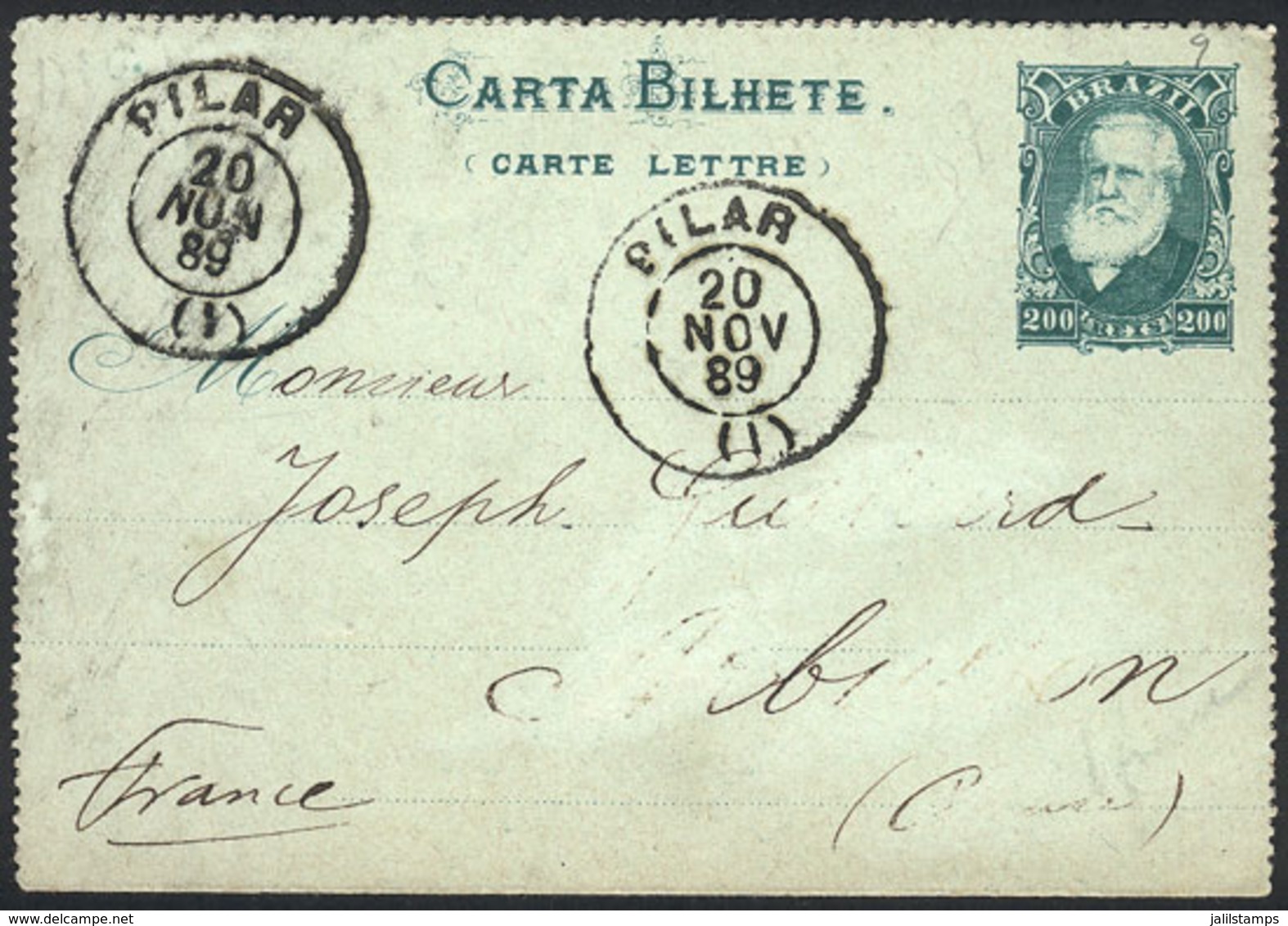 BRAZIL: 200Rs. Lettercard Sent From PILAR To France On 20/NO/1889, VF! - Prephilately