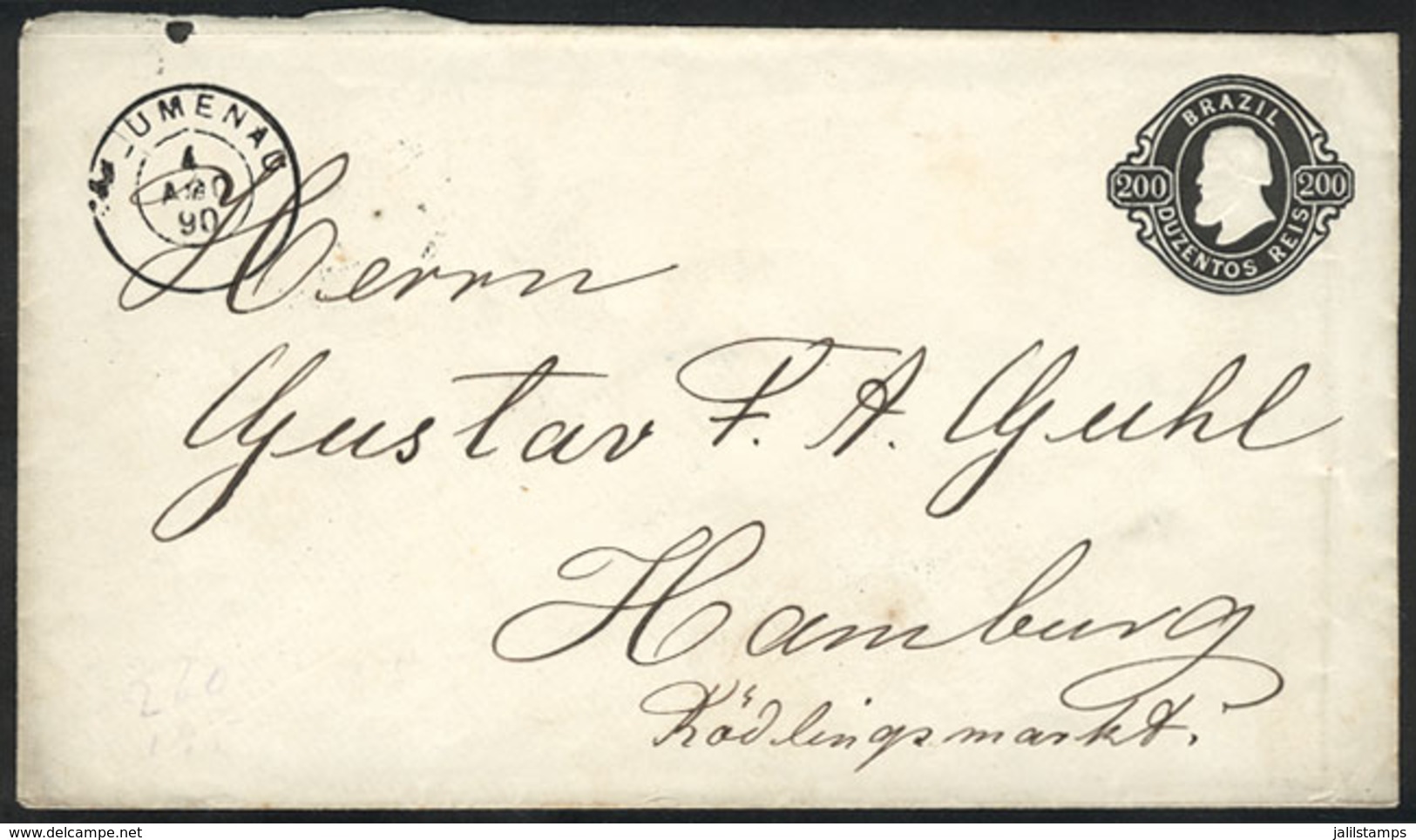 BRAZIL: RHM.EN-10, Stationery Cover Sent From BLUMENAU To Germany On 4/AU/1890, VF Quality! - Prefilatelia