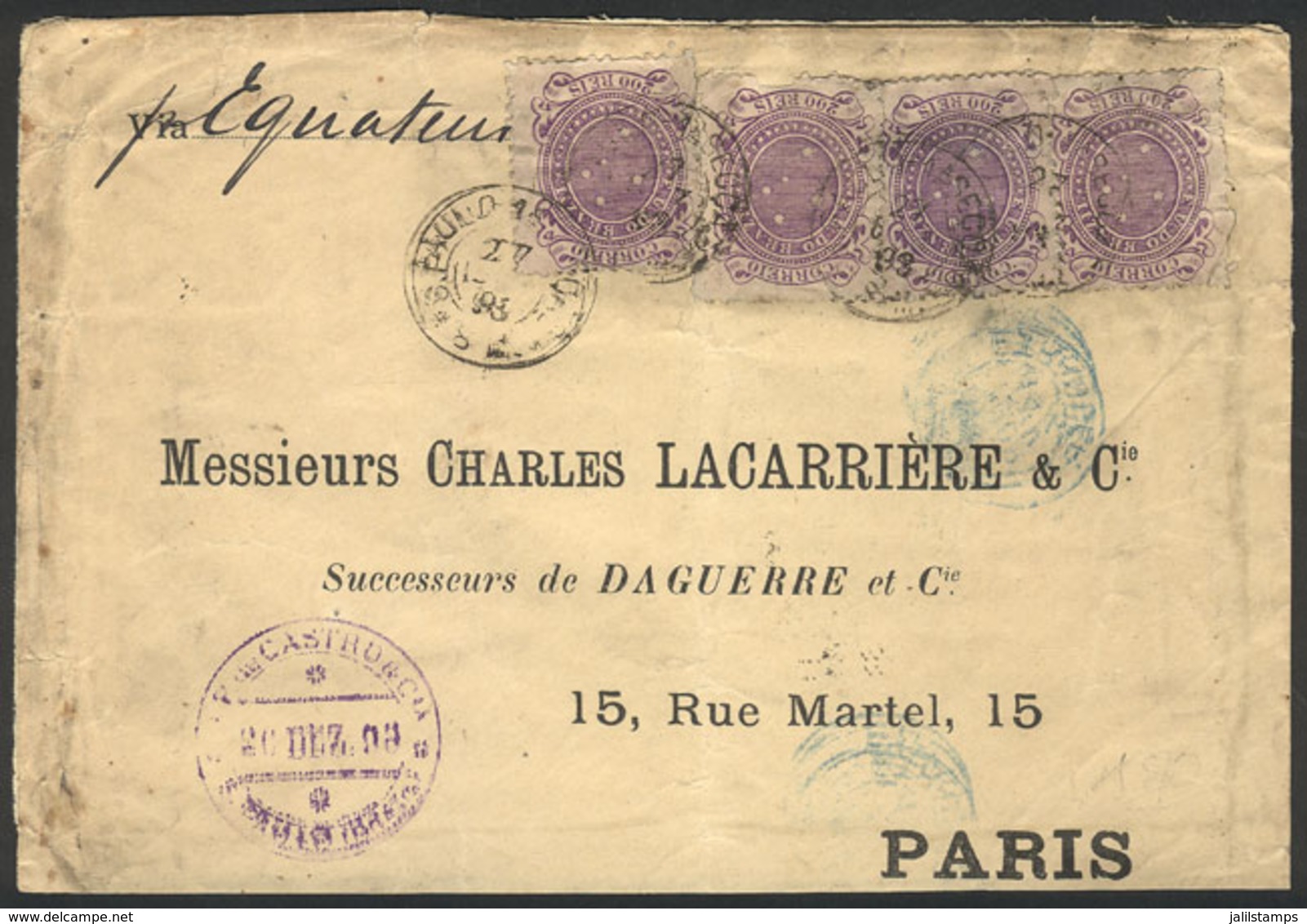 BRAZIL: Cover Sent From Sao Paulo To Paris On 27/DE/1898 With Nice Postage Of 800Rs., Very Interesting! - Prephilately
