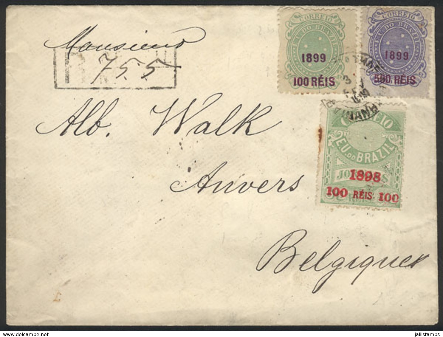 BRAZIL: Registered Cover Sent From Florianopolis To Belgium On 3/FE/1900 With Very Handsome 3-color Postage For 700Rs.,  - Prefilatelia