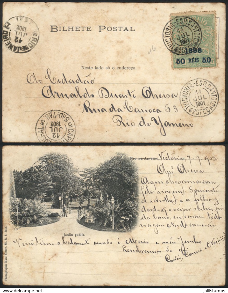 BRAZIL: Postcard (Rio De Janeiro, Public Park) Sent From VICTORIA To Rio De Janeiro On 11/JUL/1902, Franked With 50Rs. ( - Prefilatelia