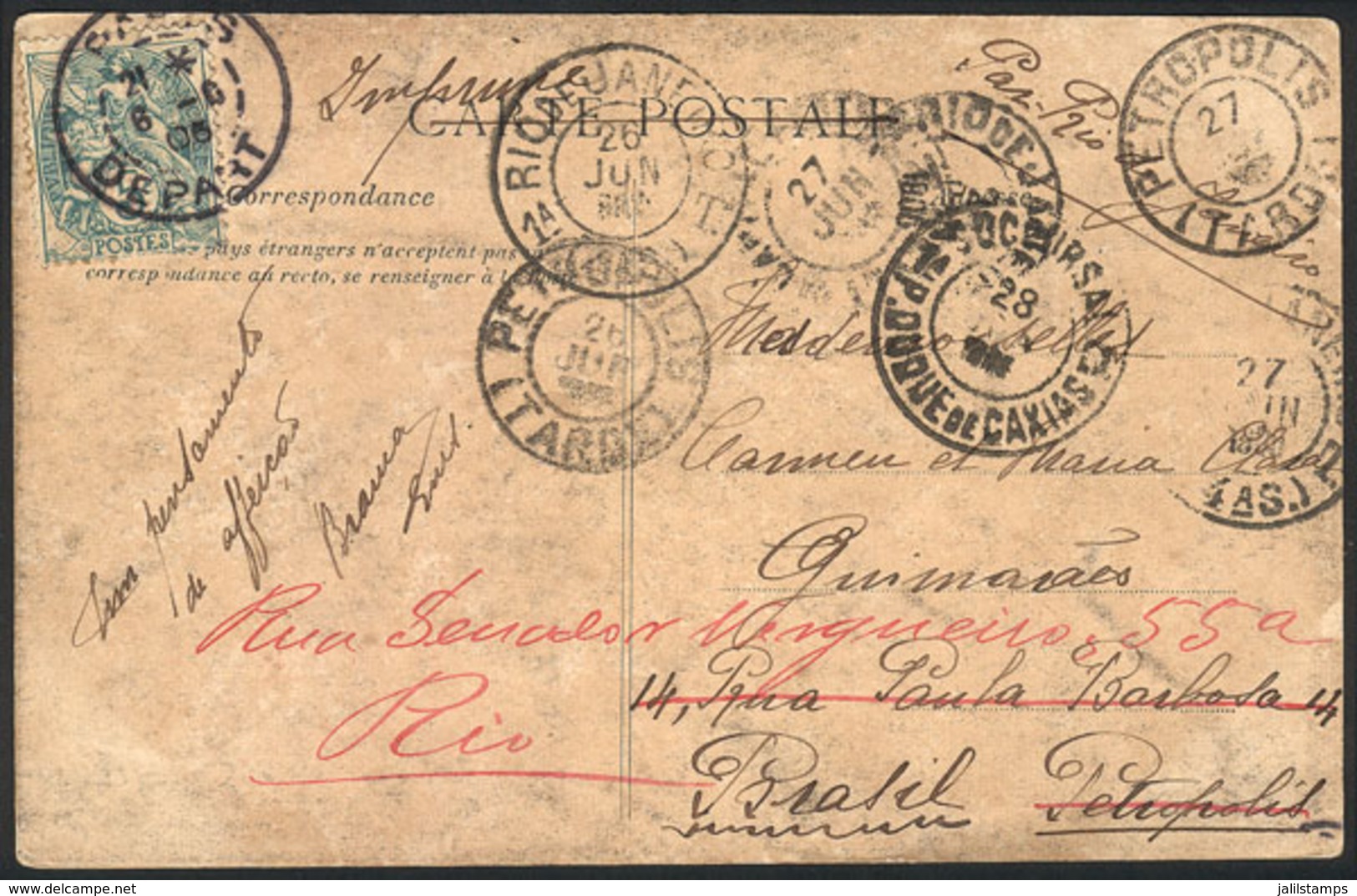 BRAZIL: Postcard Sent From Paris To Petropolis On 16/JUN/1905 And Redirected To Rio, With A Number Of Postal Marks, Very - Préphilatélie