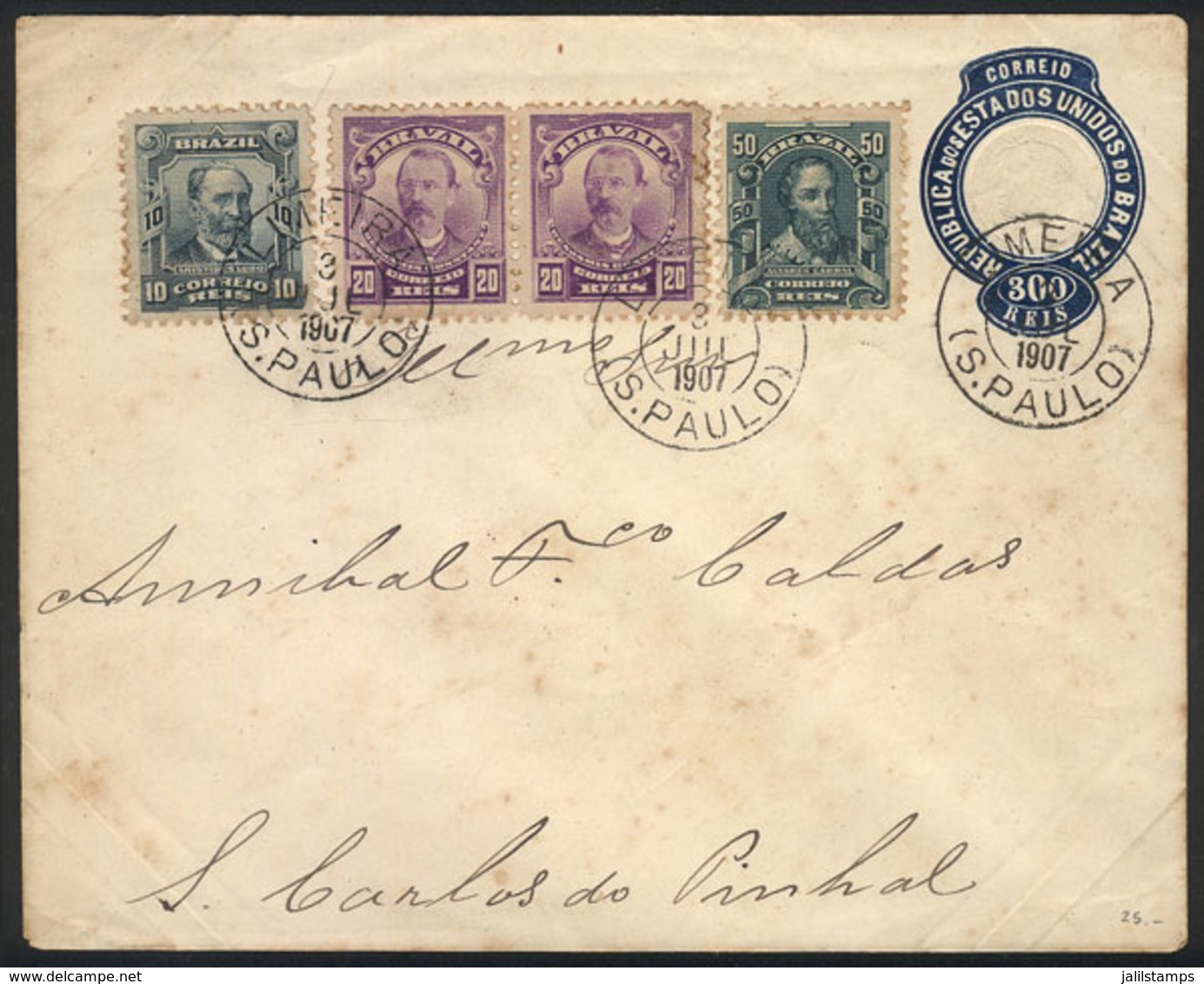 BRAZIL: 300Rs. Stationery Envelope + 100Rs. Sent To S.Carlos Do Pinhal On 3/JUL/1907, Cancelled In LIMEIRA (S.Paulo), VF - Prefilatelia