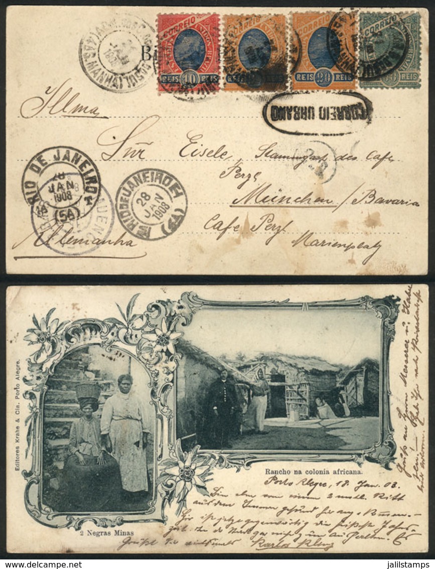 BRAZIL: Postcard With Very Good Views Of Porto Alegre: "black Women & Hut In The African Colony, Editor Krahne", With Mu - Prefilatelia