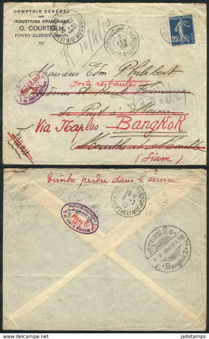 BRAZIL: Porto Alegre - France - THAILAND: Cover Sent Originally From Porto Alegre To "Poste Restante" In Pont A Mousson  - Prephilately