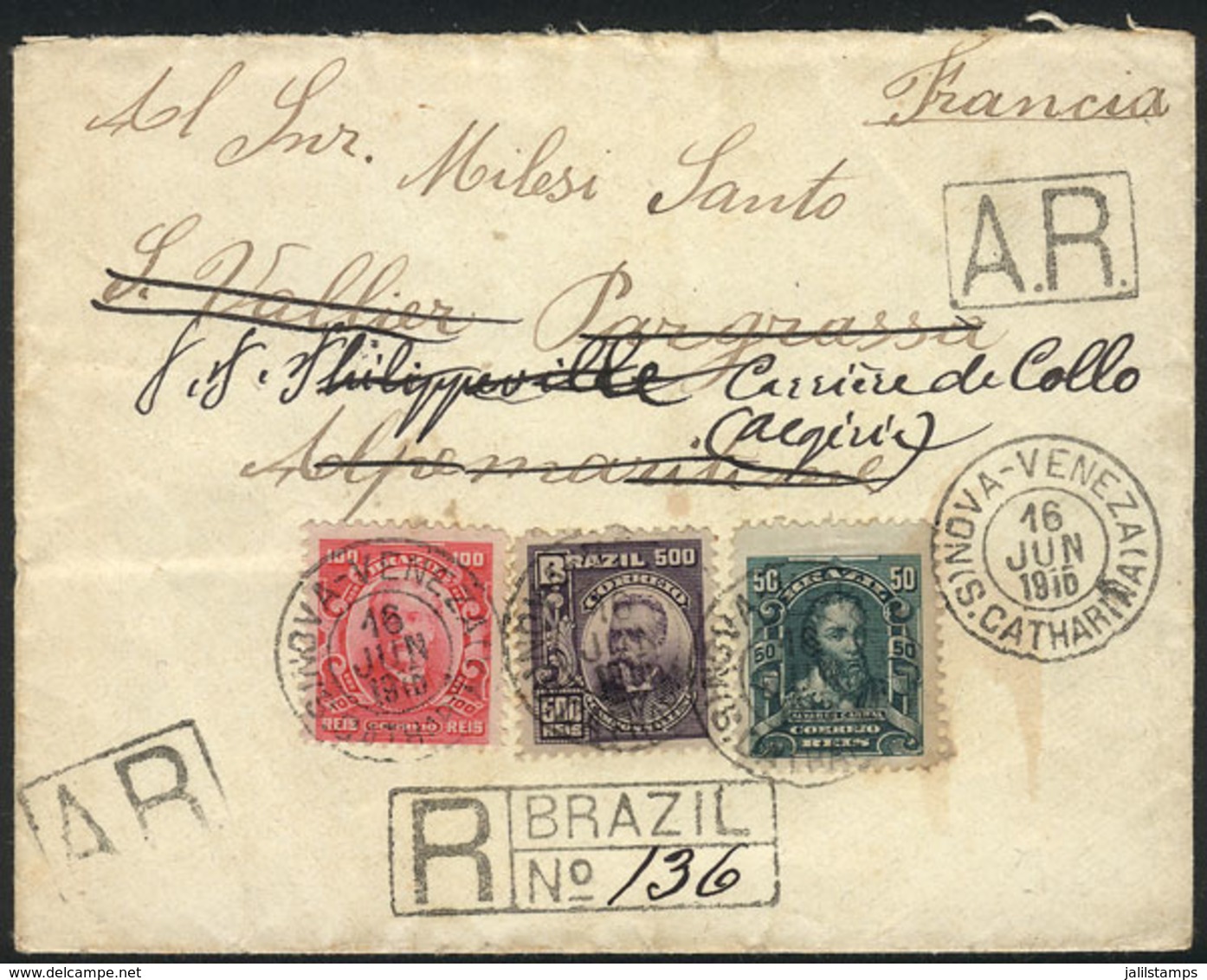 BRAZIL: Registered Cover With AR Sent From NOVA-VENEZA To France On 16/JUN/1910, Franked With 650Rs., VF! - Préphilatélie