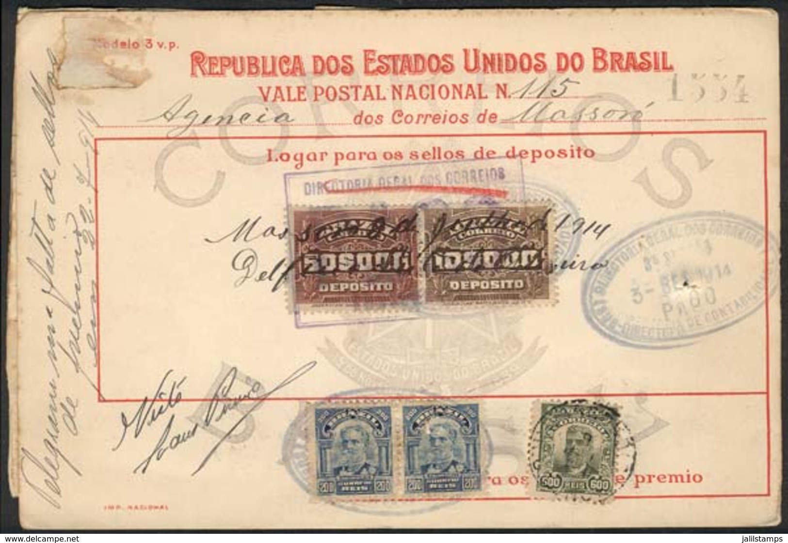 BRAZIL: Postal Money Order (vale Postal Nacional) Sent From MASSONÉ To Rio On 8/JUL/1914, The Original Postage Missed 40 - Prefilatelia