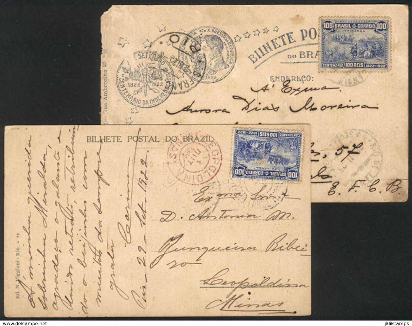 BRAZIL: 2 Postcards Used In 1922/3, Franked By RHM.C-14 ALONE, Interesting! - Préphilatélie