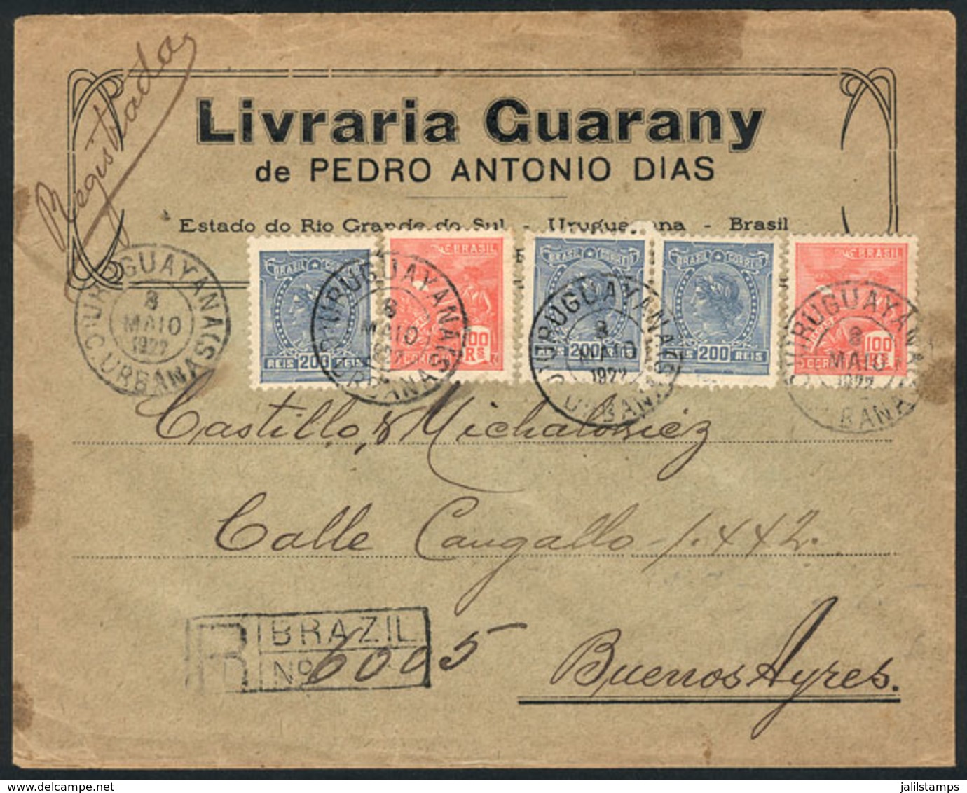 BRAZIL: Registered Cover Sent From URUGUAYANA To Buenos Aires On 8/MAY/1922, Very Nice! - Prephilately