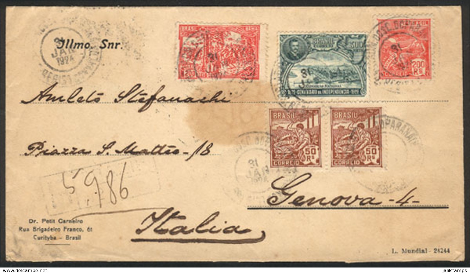 BRAZIL: Registered Cover Sent From Curitiba To Italy On 31/JA/1924 Franked With 800Rs. Including Nice Commemorative Stam - Préphilatélie