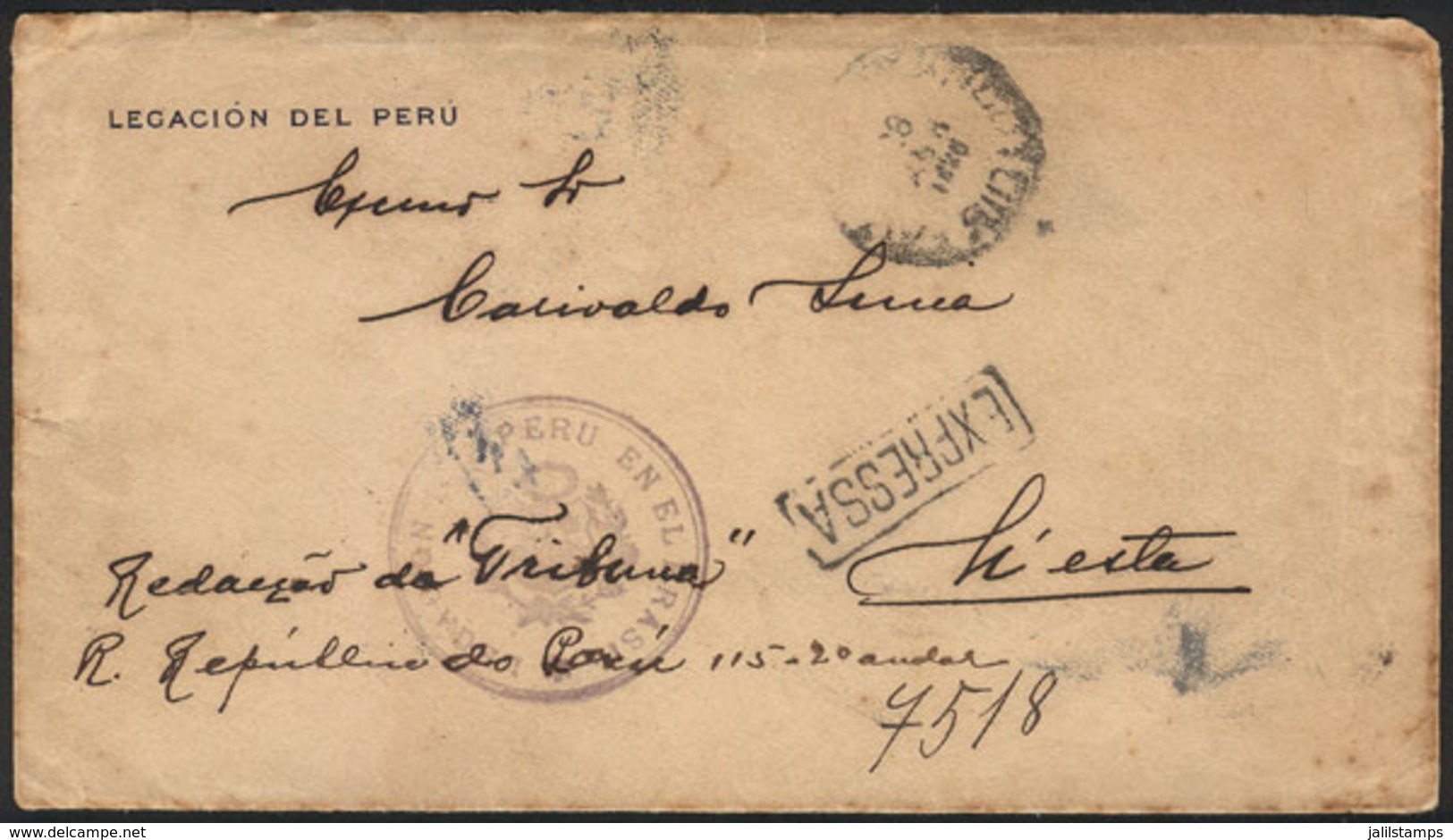 BRAZIL: Official Envelope Of The Embassy Of Peru In Brazil, Posted Stampless In Rio By Express Mail On 26/AP/1926. - Prefilatelia