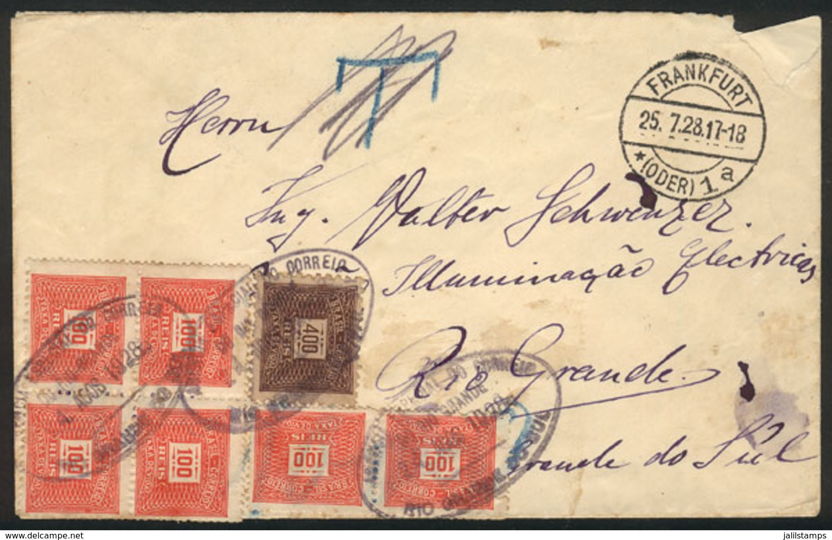 BRAZIL: Cover Sent STAMPLESS From Frankfurt To Rio Grande On 25/JL/1928, With POSTAGE DUE Stamps Applied At Destination  - Préphilatélie