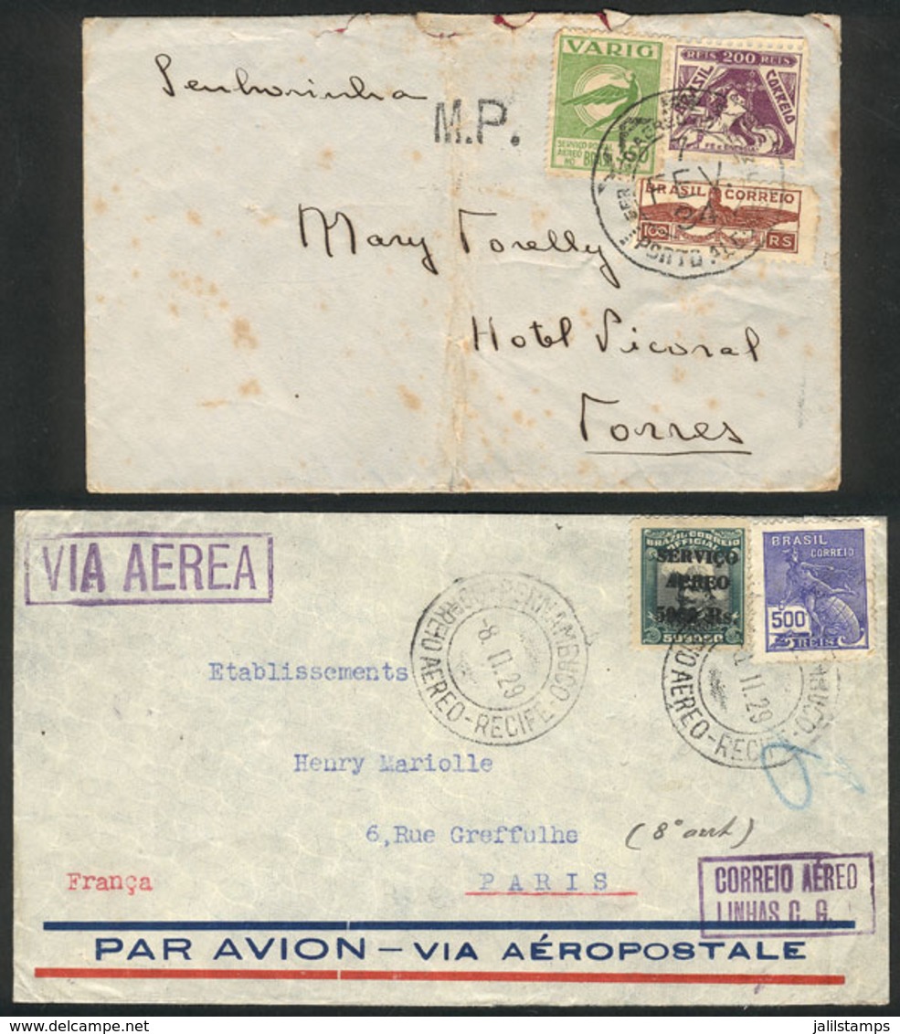 BRAZIL: 2 Interesting Airmail Covers Posted In 1929 (by Aeropostale) And 1934 (by VARIG) - Préphilatélie