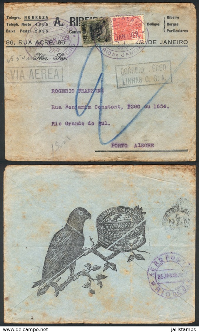 BRAZIL: Cover With Advertising For PAPAGAIO BUTTER On Back, Flown From Rio To Porto Alegre On 25/JA/1929, Very Nice! - Préphilatélie