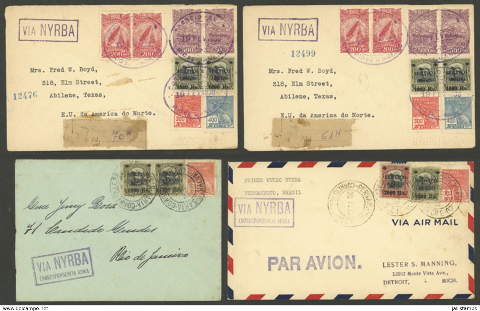 BRAZIL: 4 Covers Flown By NYRBA In 1930, 2 Sent From Rio To Texas On 19/FE (inaugural Flight?), Another Of 20/FE (Pernam - Vorphilatelie