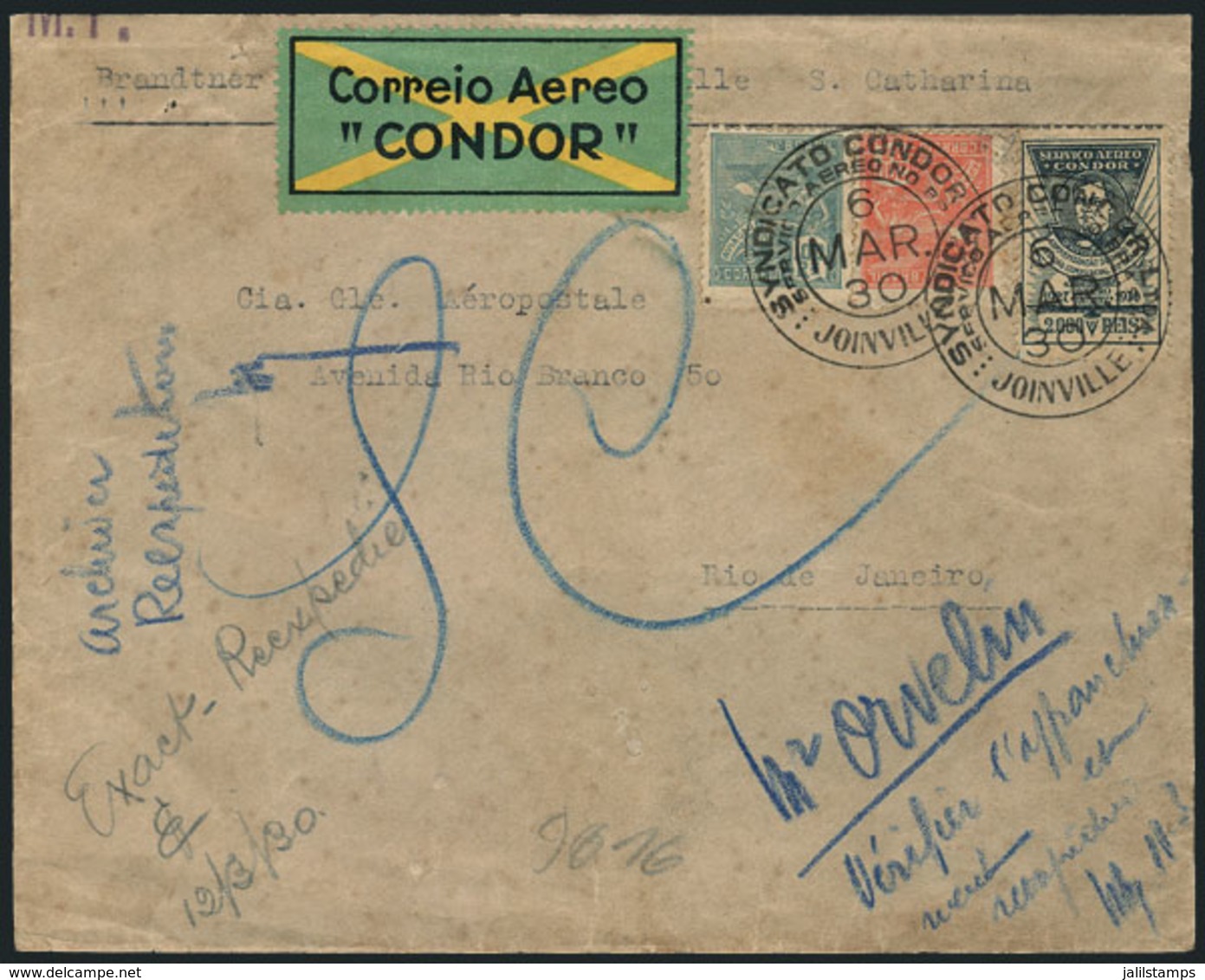 BRAZIL: Cover Flown Via CONDOR From Joinville To Rio De Janeiro On 6/MAR/1930, Franked By Sc.1CL9 + Definitive Stamps Of - Storia Postale
