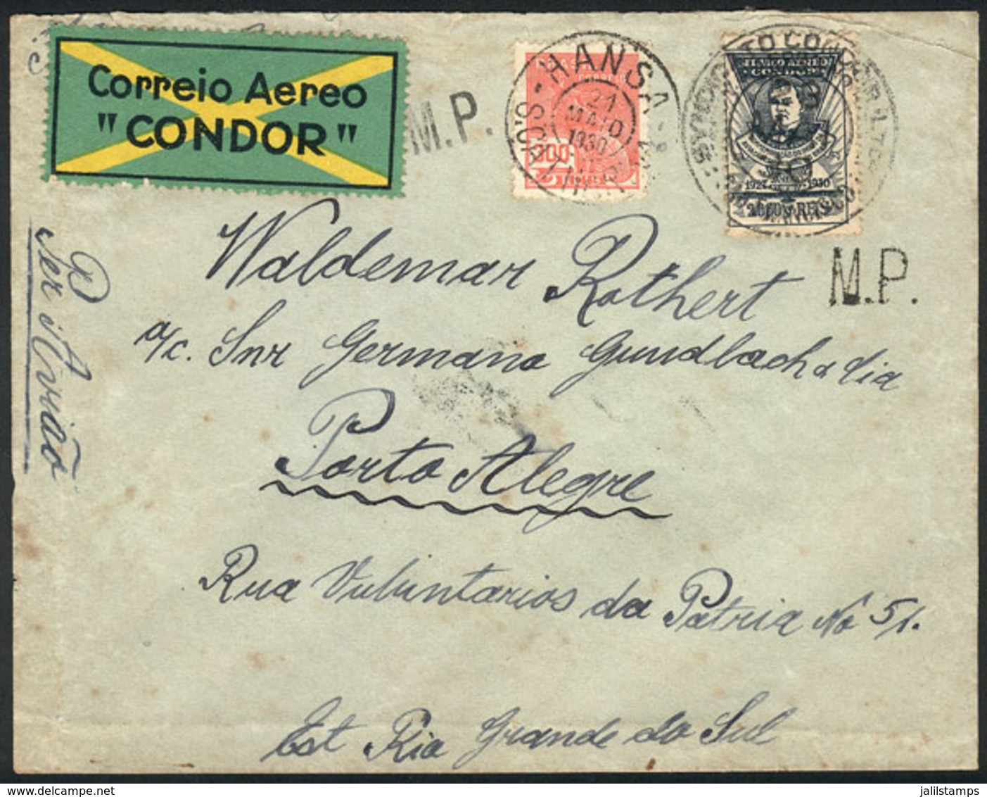 BRAZIL: Cover Flown Via CONDOR From HANSA (S.Catharina) To Porto Alegre On 21/MAY/1930, Franked By Sc.1CL9 + Ordinary St - Lettres & Documents