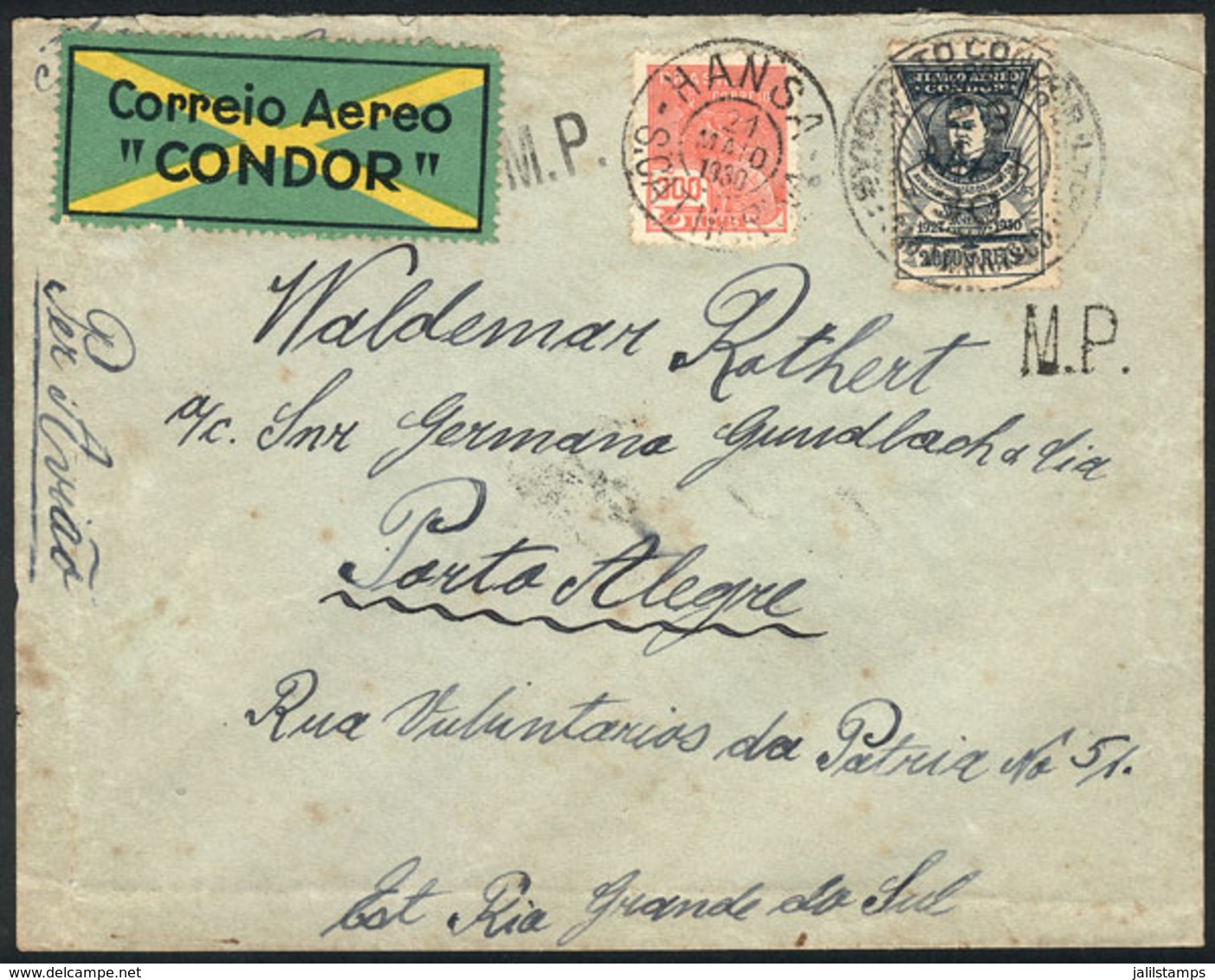 BRAZIL: Cover Flown Via CONDOR From HANSA (S.Catharina) To Porto Alegre On 21/MAY/1930, Franked By Sc.1CL9 + Ordinary St - Cartas & Documentos