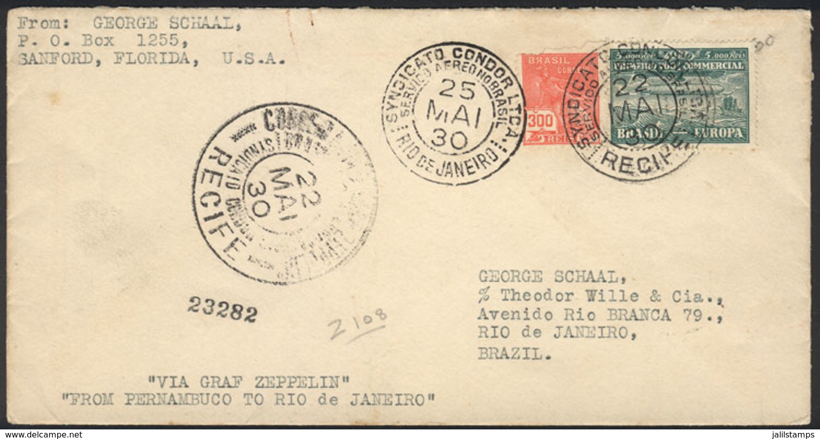 BRAZIL: Cover Sent Via ZEPPELIN From Recife To Rio De Janeiro On 22/MAY/1930, VF Quality! - Brieven En Documenten