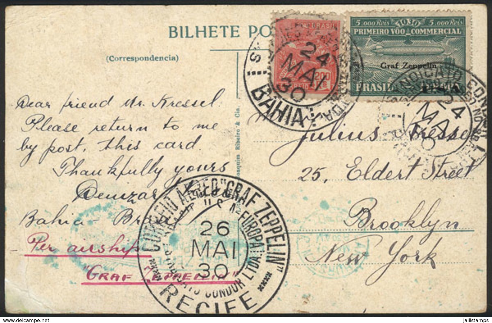 BRAZIL: Postcard (Bahia, Barra, Oceanica Avenue) Sent Via ZEPPELIN From Bahia To New York On 24/MAY/1930, Franked By Sc. - Covers & Documents