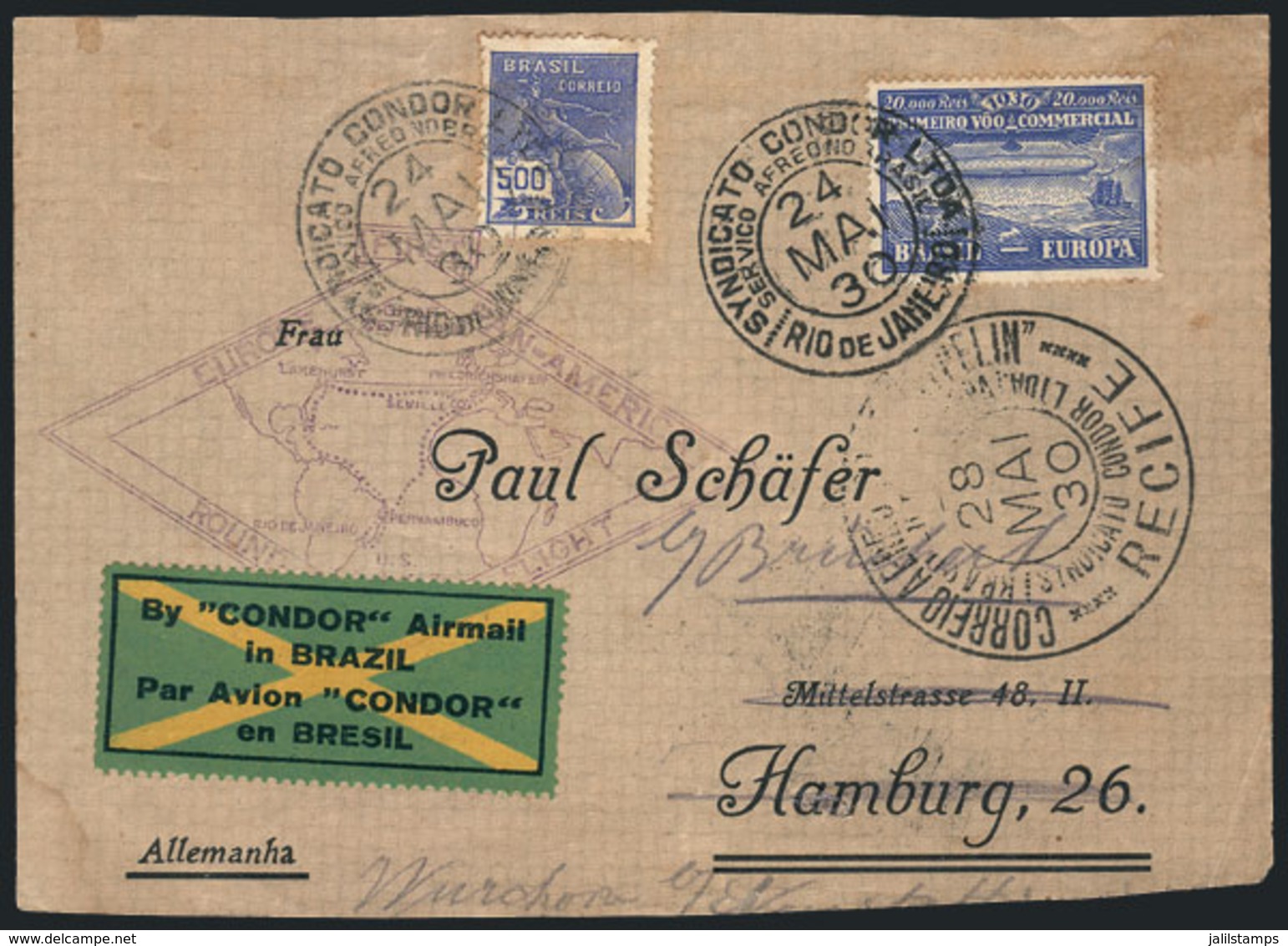 BRAZIL: Cover Sent Via ZEPPELIN From Rio De Janeiro To Germany On 24/MAY/1930, Franked By Sc.4CL3 (US$275 On Flown Cover - Briefe U. Dokumente