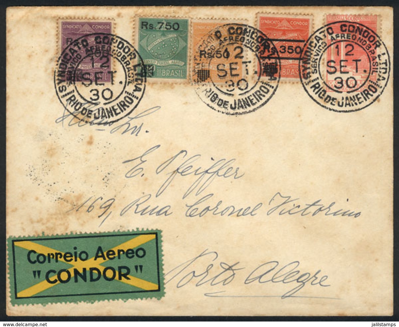 BRAZIL: Cover Sent Via Condor From Rio To Porto Alegre On 12/SE/1930, Franked By RHM.K-12/15 (complete Set Of 4 Surcharg - Lettres & Documents