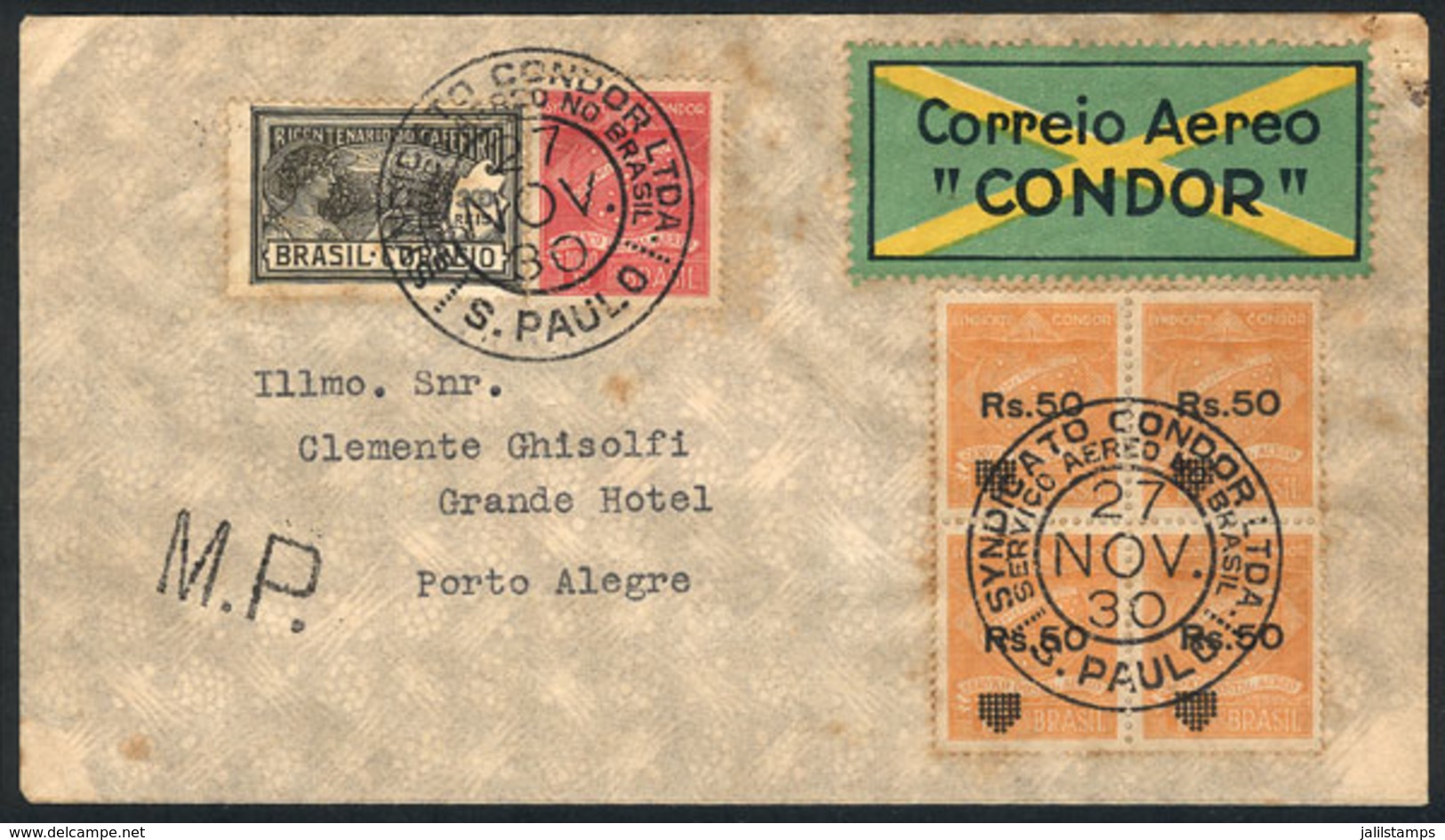 BRAZIL: Airmail Cover Sent From Sao Paulo To Porto Alegre On 27/NO/1930, Franked With Block Of 4 Of RHM.K-12 (catalog Va - Covers & Documents