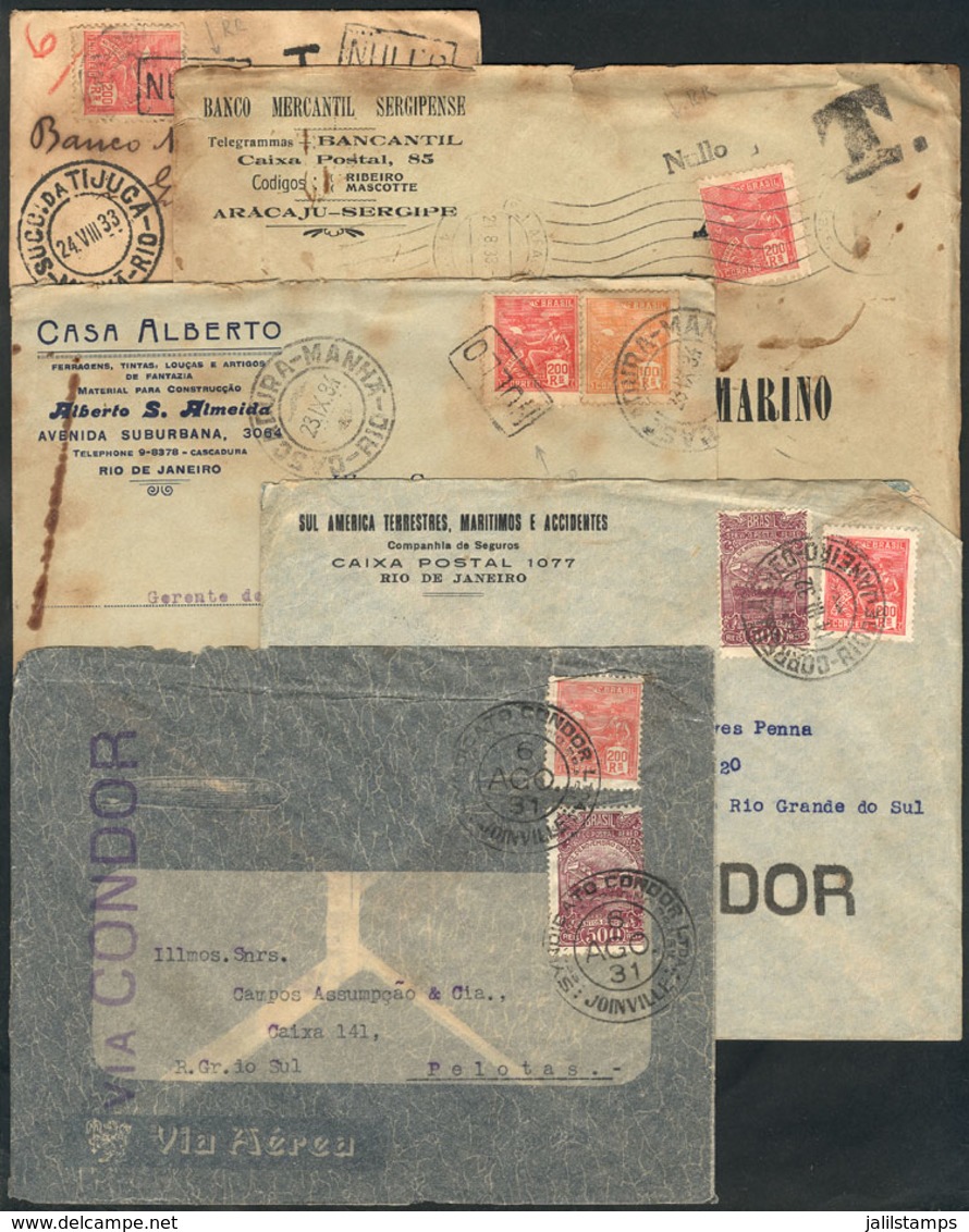 BRAZIL: 5 Covers Used Between 1931 And 1934, All With 200Rs. AVIATION Stamp In Their Postage, Which In 1933 Was Demoneti - Vorphilatelie