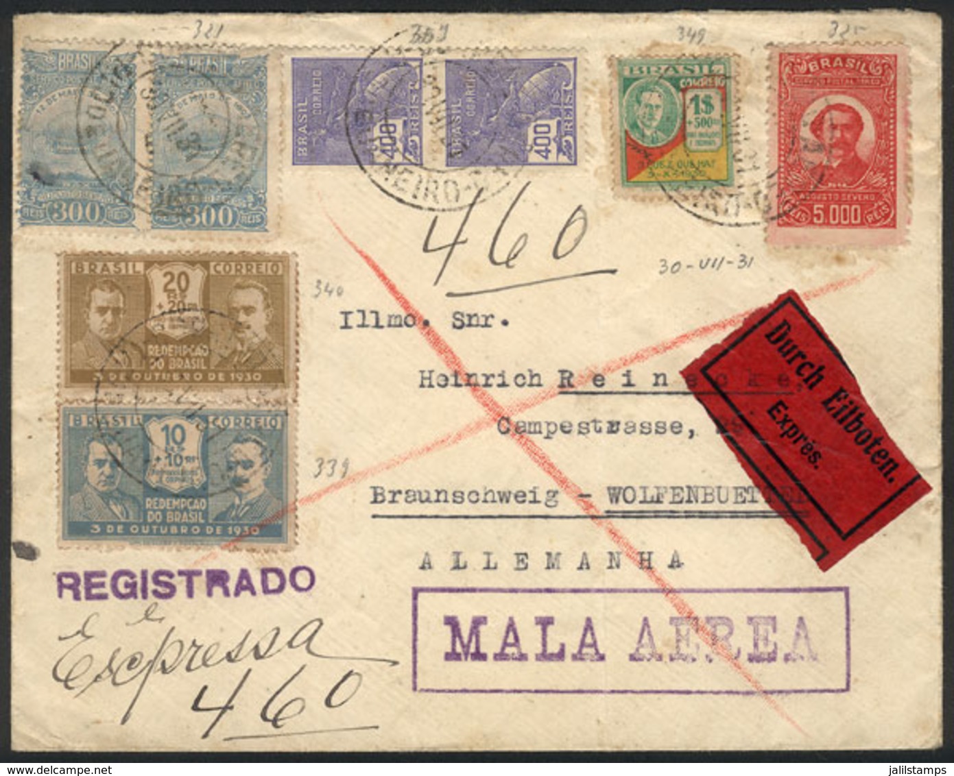 BRAZIL: Registered And Express Airmail Cover Sent From Rio To Germany On 30/JUL/1931 With Interesting Postage Of 7,430Rs - Briefe U. Dokumente