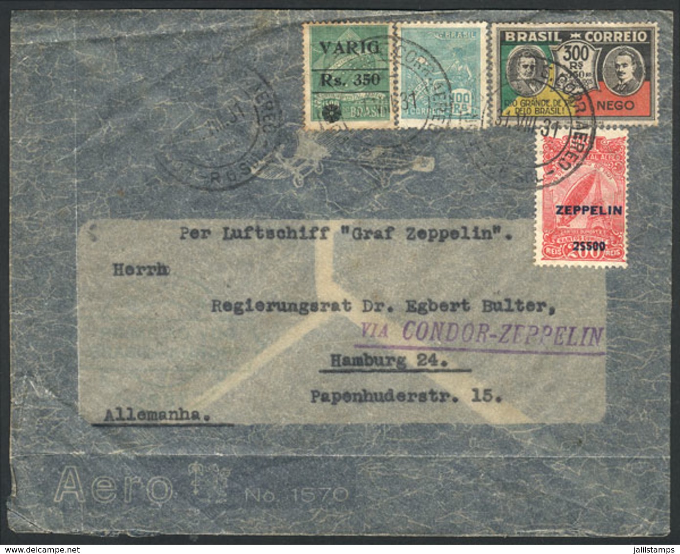 BRAZIL: Cover Flown By ZEPPELIN, Sent From Santa Cruz To Germany On 31/AU/1931 With Colorful Postage, With Arrival Backs - Prefilatelia