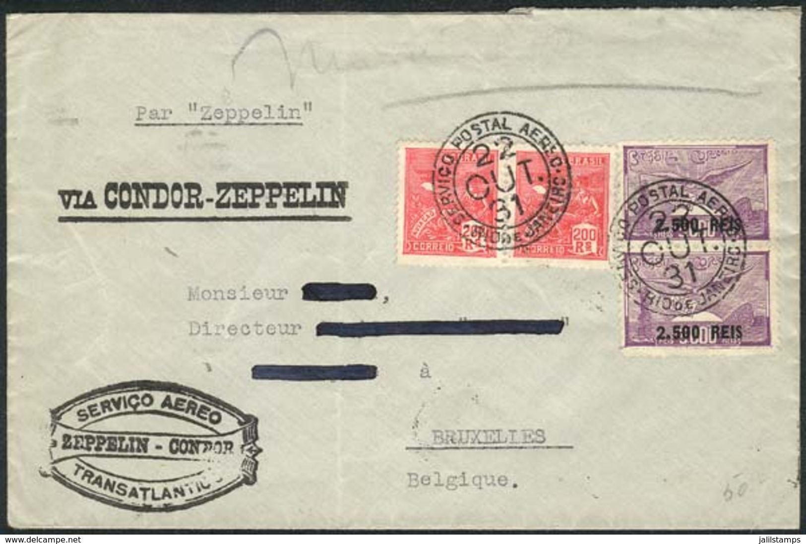 BRAZIL: Airmail Cover Sent Via ZEPPELIN From Rio To Belgium On 22/OC/1931, VF Quality! - Prefilatelia