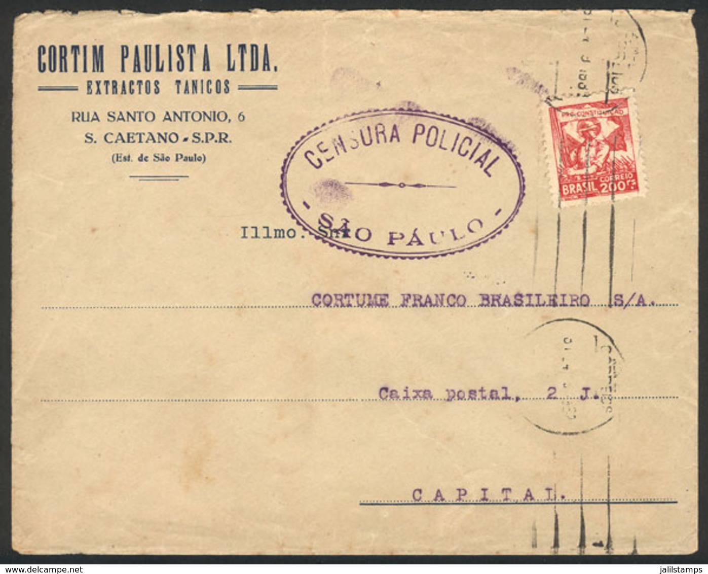 BRAZIL: Cover Sent From S.Caetano To Rio On 24/SE/1932, Franked By RHM.C-47 ALONE, Marked "CENSURA POLICIAL - SAO PAULO" - Préphilatélie
