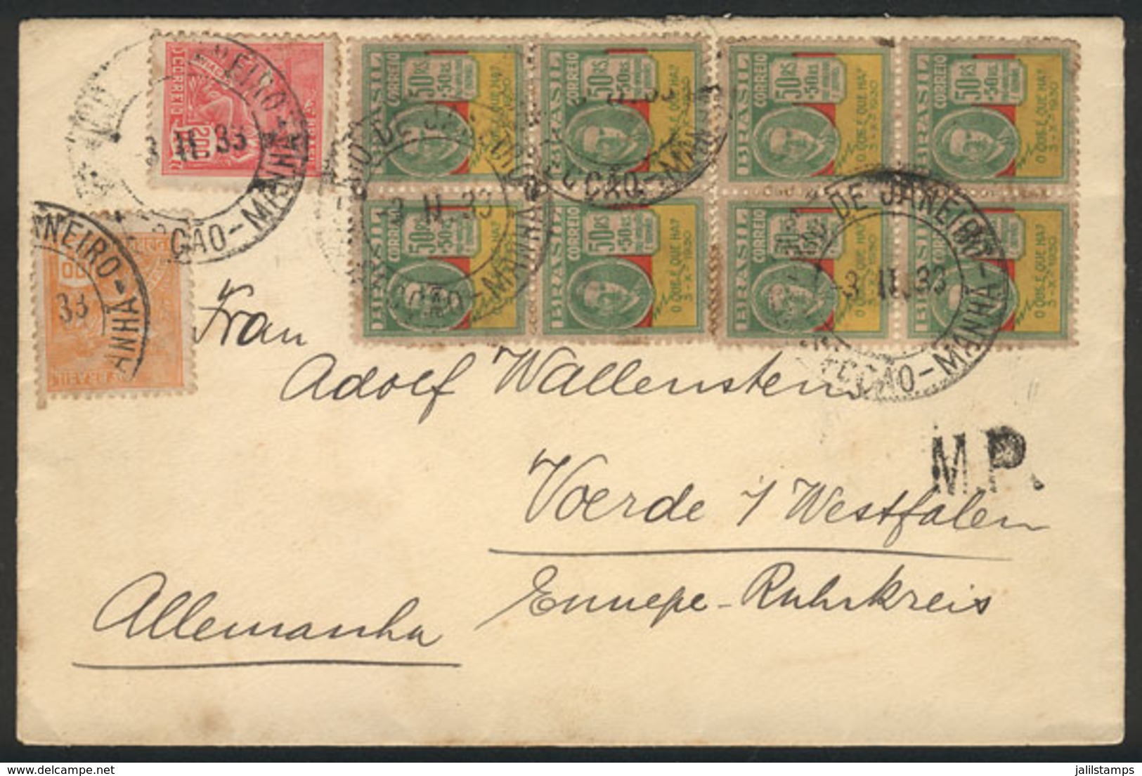 BRAZIL: Cover Sent From Rio De Janeiro To Germany On 3/FE/1933 Franked With 700Rs., Including 2 Blocks Of 4 Of RHM.C-29, - Prefilatelia