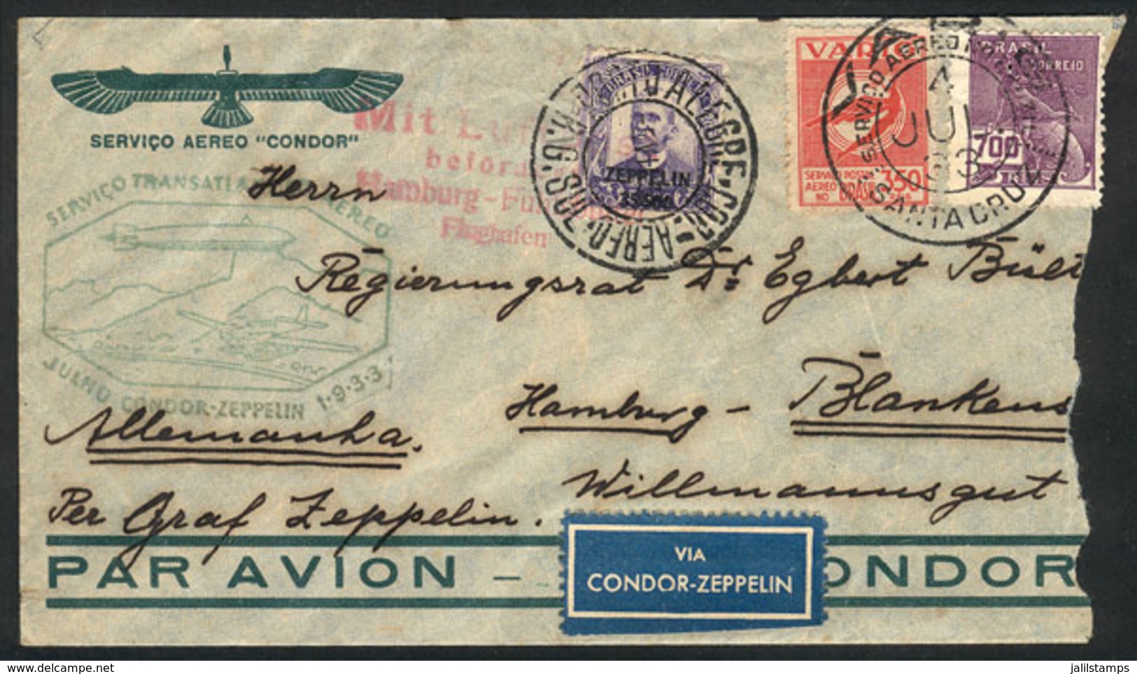 BRAZIL: VARIG - ZEPPELIN Combination: Cover Sent From Santa Cruz To Porto Alegre On 4/JL/1933 And From There To Hamburg  - Prefilatelia