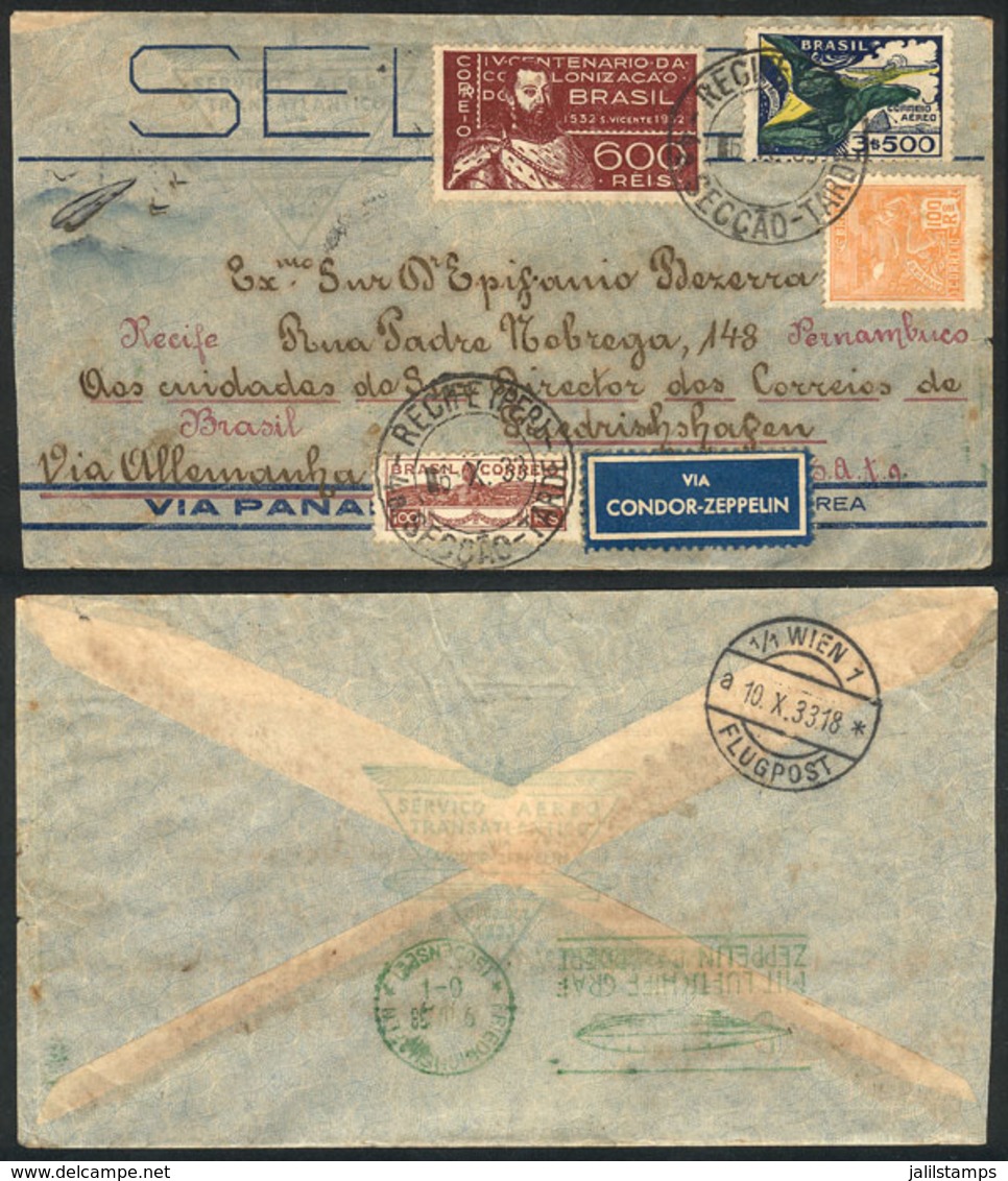BRAZIL: Cover Flown By ZEPPELIN, Posted From Recife On 6/OC/1933 With Return To The Same City, Via Friedrichshafen. It B - Préphilatélie