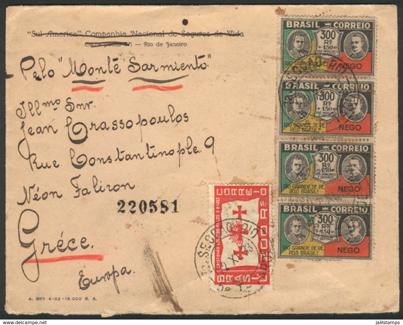 BRAZIL: Cover Sent From Rio To Greece On 22/NO/1933 With Very Nice Postage Of Commemorative Stamps, VF! - Prefilatelia