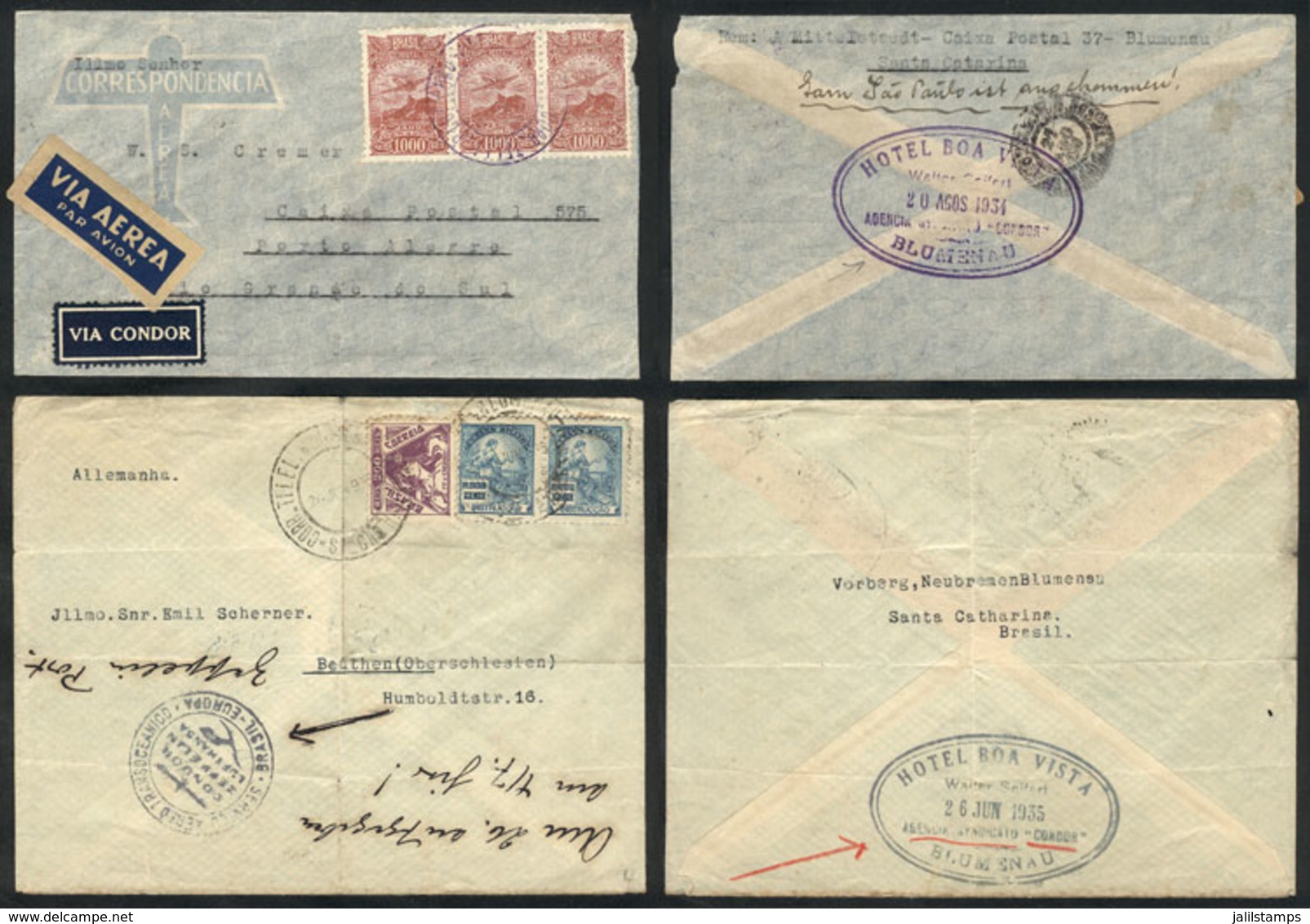 BRAZIL: 2 Airmail Covers Sent From BLUMENAU Via Condor In 1934 And 1935, With Oval Handstamps Of The Condor Agency In Th - Prefilatelia