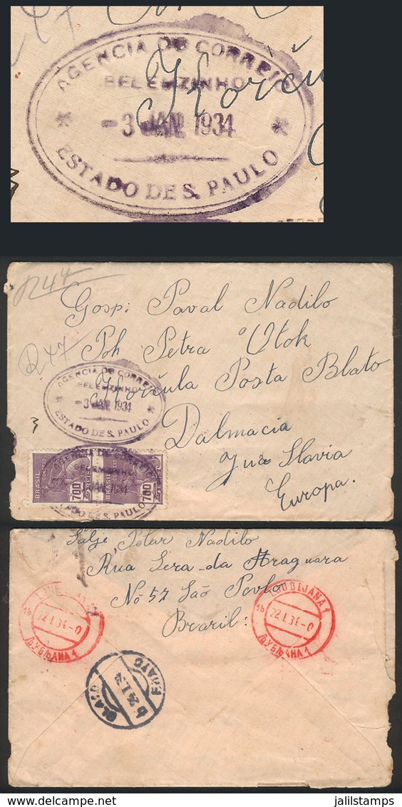 BRAZIL: Registered Cover Sent To YUGOSLAVIA On 3/JA/1934, Franked With 1,400Rs. And Rare Postmark Of BELEMZINHO (Sao Pau - Prephilately