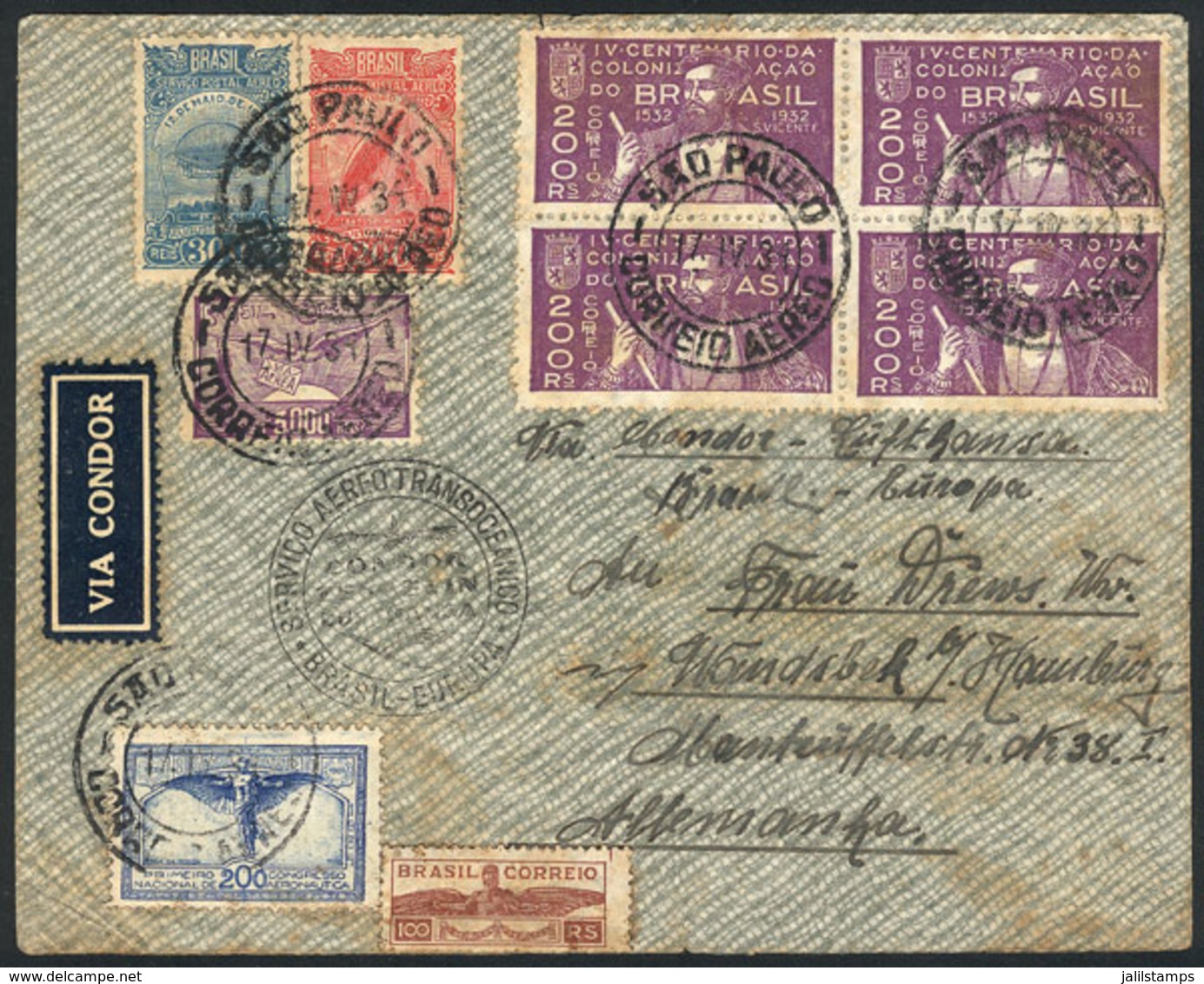 BRAZIL: Airmail Cover Sent From Sao Paulo To Germany On 17/AP/1934 With Very Nice Postage! - Storia Postale