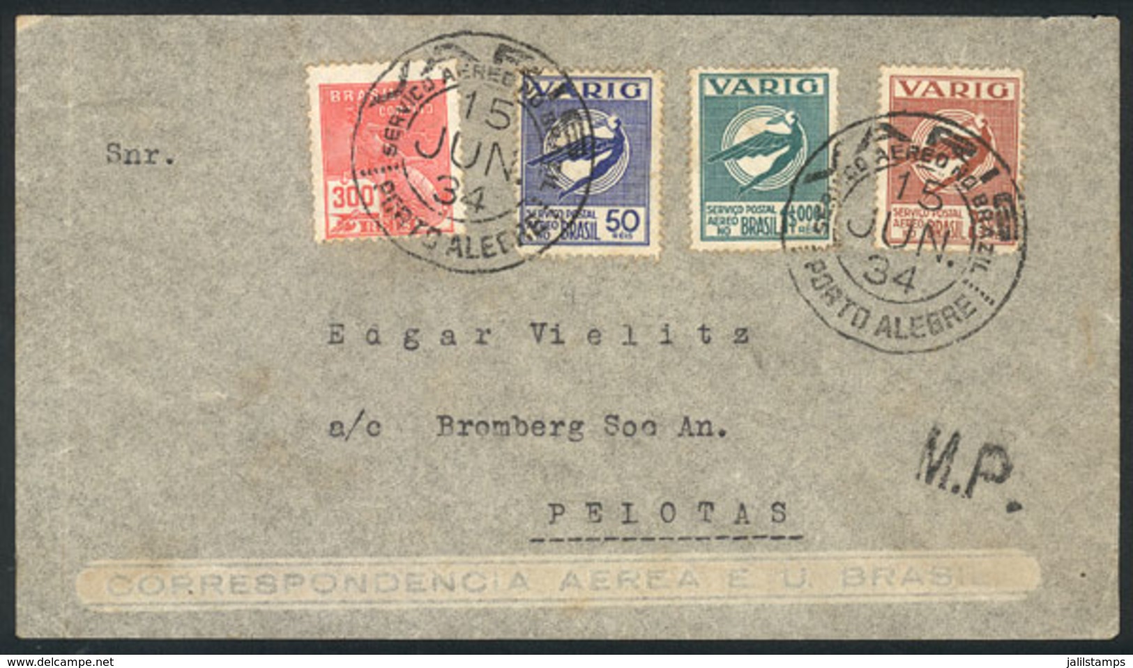 BRAZIL: Cover Flown Via VARIG From Porto Alegre To Pelotas On 15/JUN/1934, Franked By RHM.V-45+47+51, VF Quality, Rare!  - Lettres & Documents