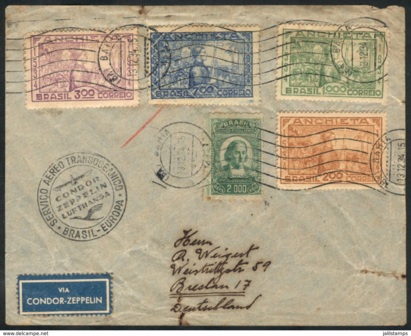 BRAZIL: Cover Franked By RHM. C-74/77 (Anchieta) + Another Value (total Postage 4,200Rs.) Sent From Bahia To Germany On  - Vorphilatelie