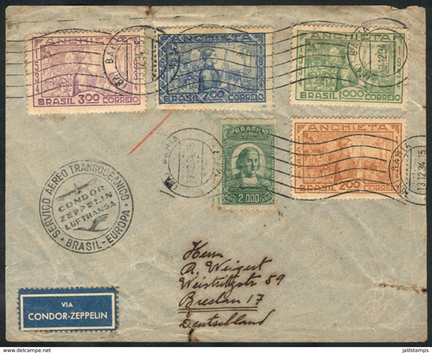 BRAZIL: Cover Franked By RHM. C-74/77 (Anchieta) + Another Value (total Postage 4,200Rs.) Sent From Bahia To Germany On  - Prephilately