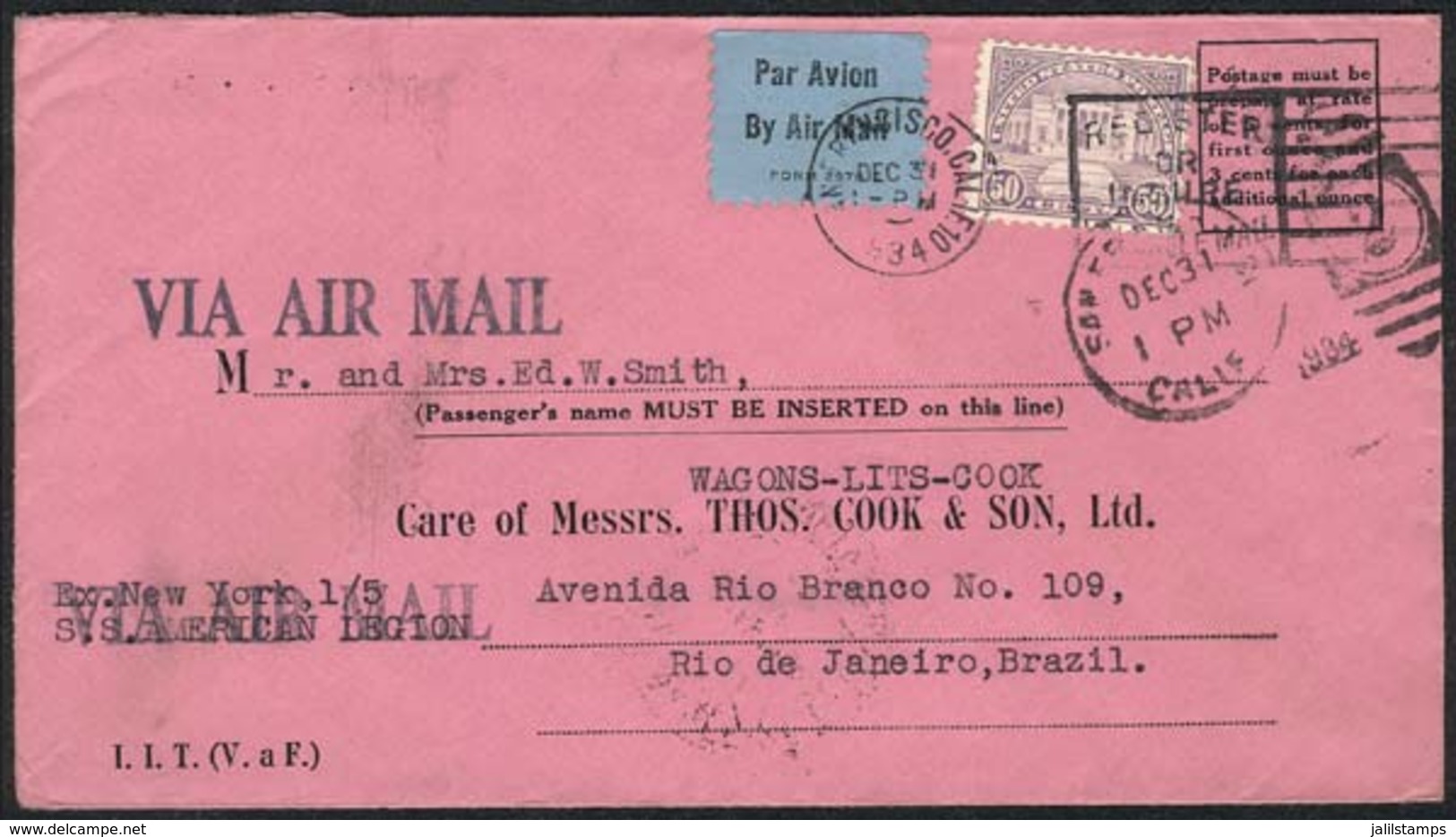 BRAZIL: Airmail Cover Franked With 50c. And Sent From San Francisco To Rio De Janeiro On 31/DE/1934 To A Passenger Onboa - Prephilately