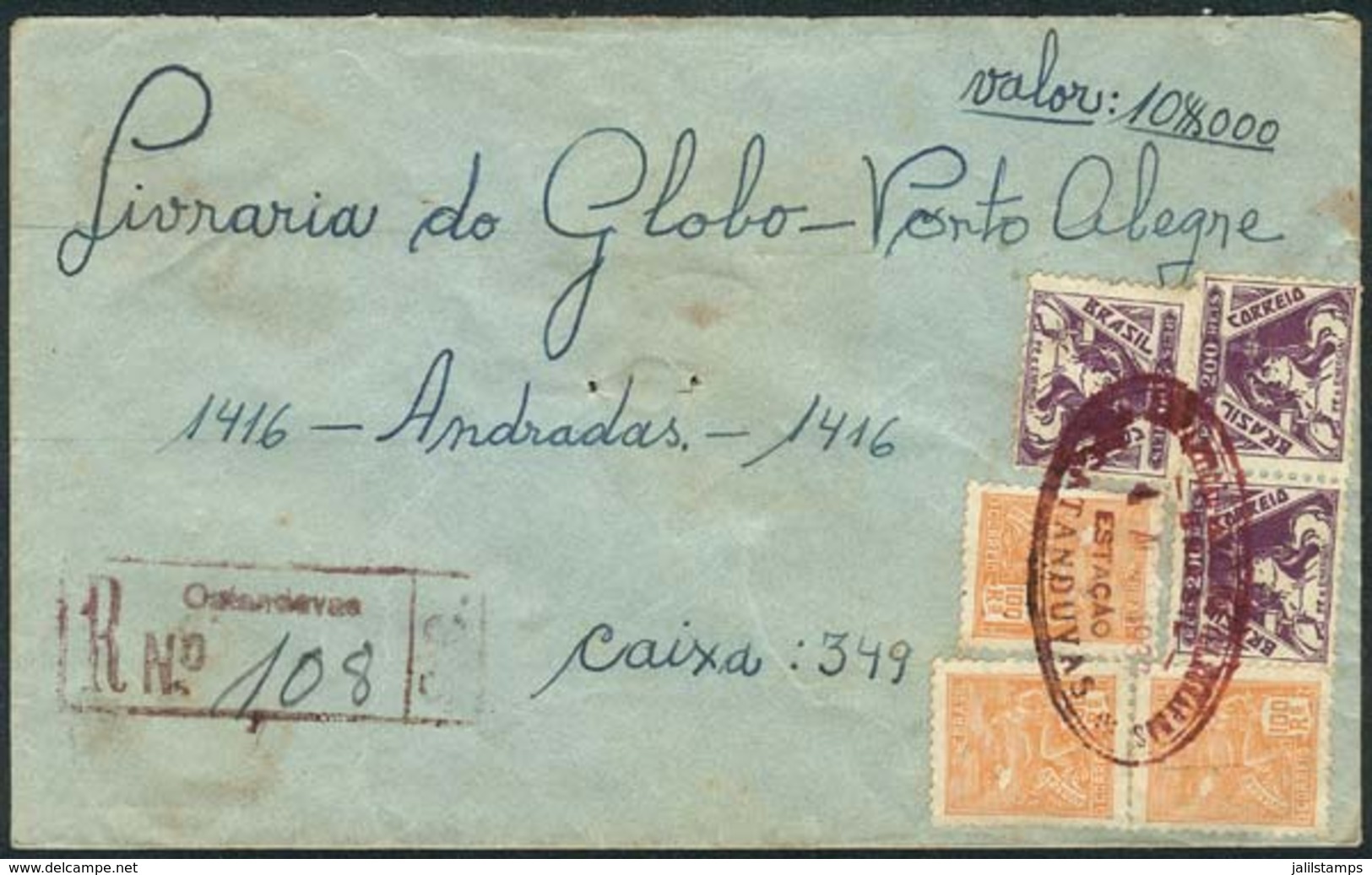 BRAZIL: Cover With Declared Value Of 10,000Rs., Sent To Porto Alegre Franked With 900Rs. On 1/AP/1937, With Rare Postmar - Prefilatelia