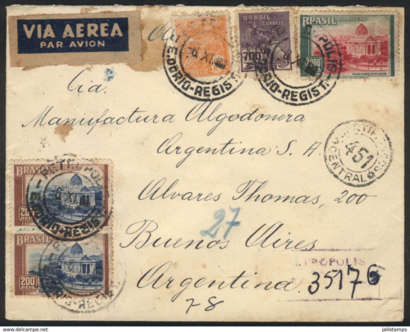 BRAZIL: Registered Cover With Good Postage For 3,200Rs. Sent From Petropolis To Argentina On 6/NO/1937, VF! - Vorphilatelie