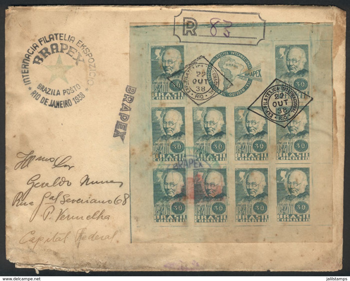 BRAZIL: Cover Posted On 22/AU/1938, Franked With Souvenir Sheet Of "Rowland Hill" Commemorating The Intl. Stamp Expo, De - Préphilatélie