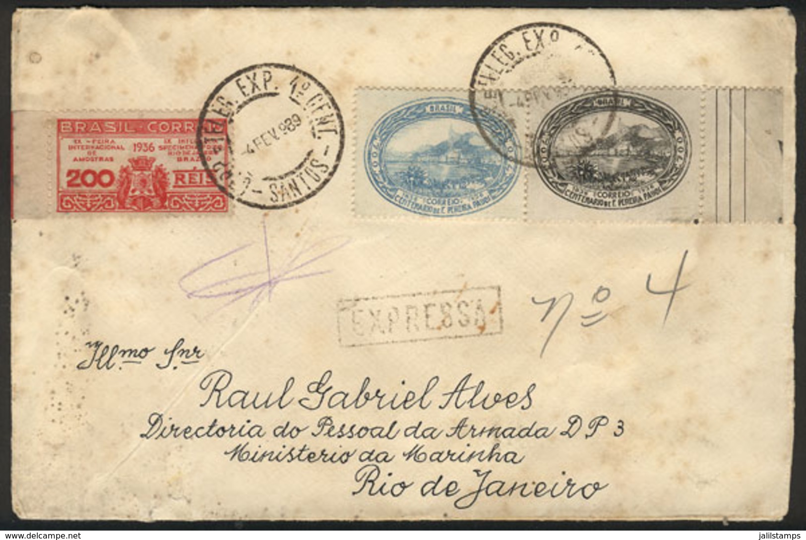 BRAZIL: Express Cover Sent From Santos To Rio De Janeiro On 4/FE/1939 With Handsome Postage Of 1,600Rs. With Commemorati - Prefilatelia