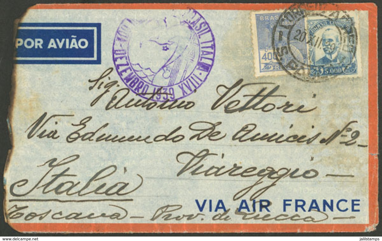 BRAZIL: 20/DE/1939 Sao Paulo - Viareggio (Italy), Cover Flown On INAUGURAL FLIGHT (return) By LATI, Which Crashed In Tam - Préphilatélie