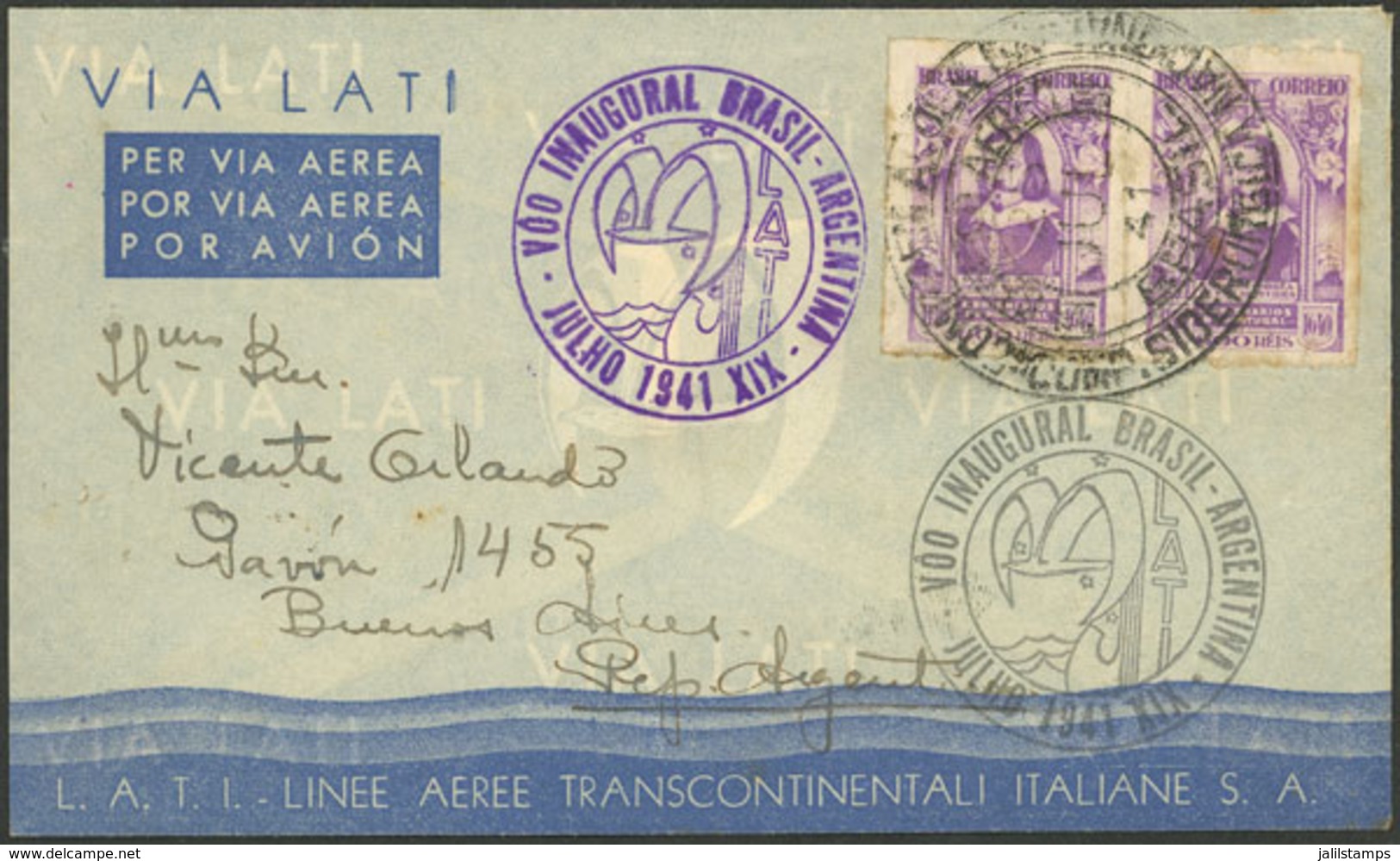 BRAZIL: 25/JUL/1941 LATI First Flight Between Rio De Janeiro And Buenos Aires, Cover With Special Marks And Of Very Fine - Préphilatélie