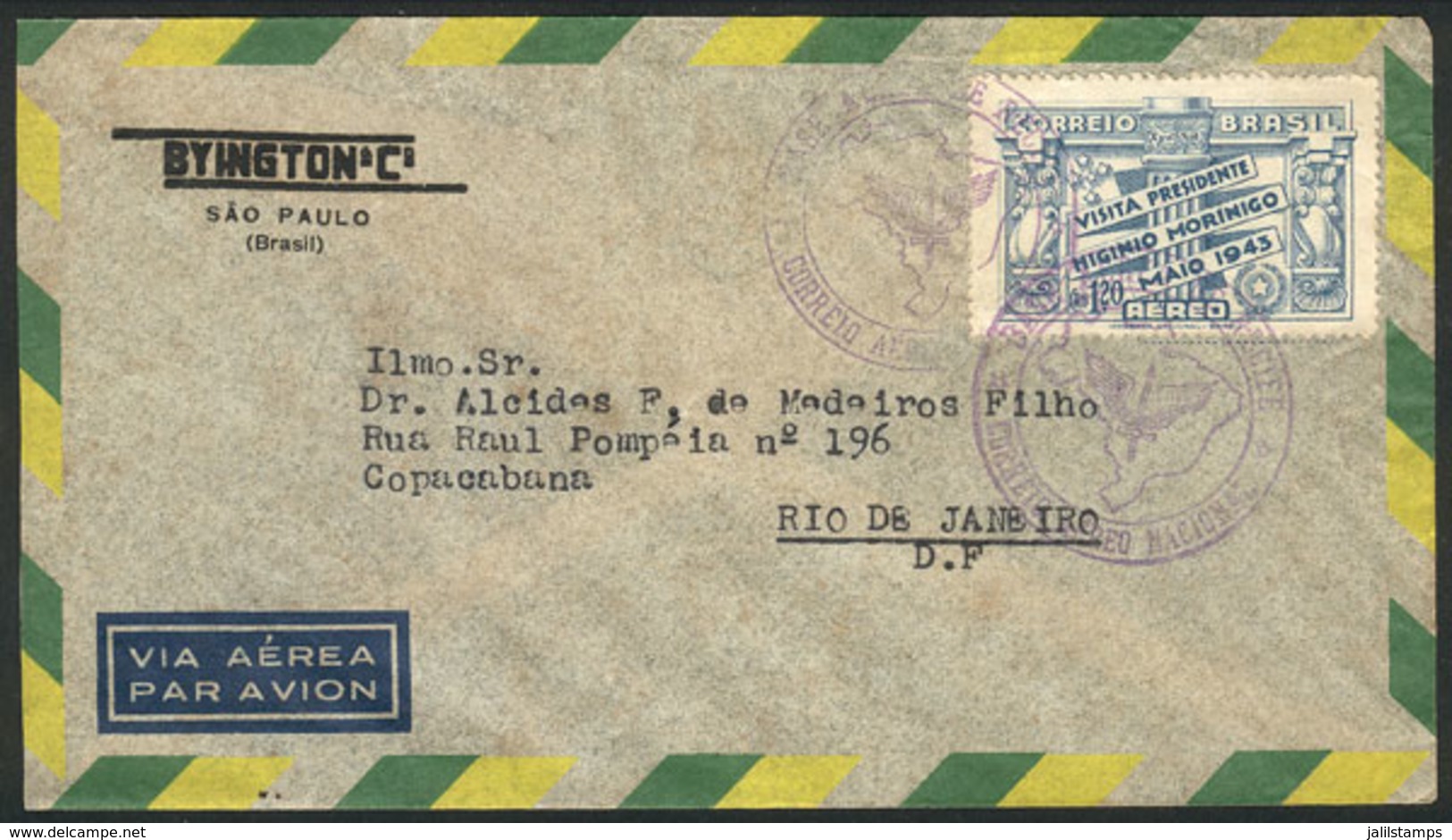 BRAZIL: Airmail Cover Sent From Recife To Rio On 27/MAR/1944 Franked With 1.20Cr., Violet Postmarks: "BASE AEREA DE RECI - Préphilatélie